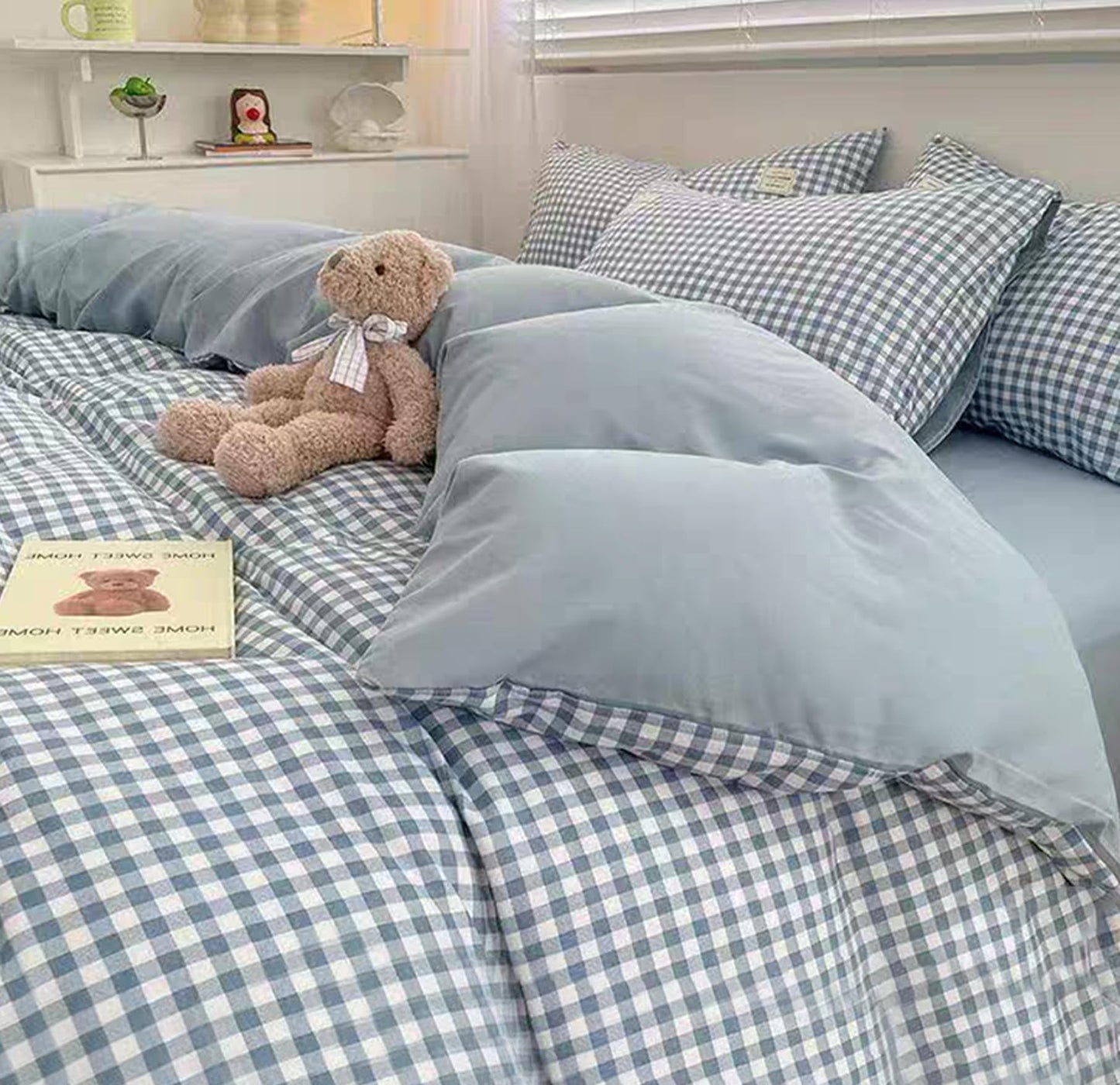 Sedefen Gingham Duvet Cover Queen Size Blue Striped Bedding Set 3Pcs Kids Boys Girls Geometric Stripes Grid Lattice Soft Breathable Microfiber Comforter Cover with 2 Pillowcases