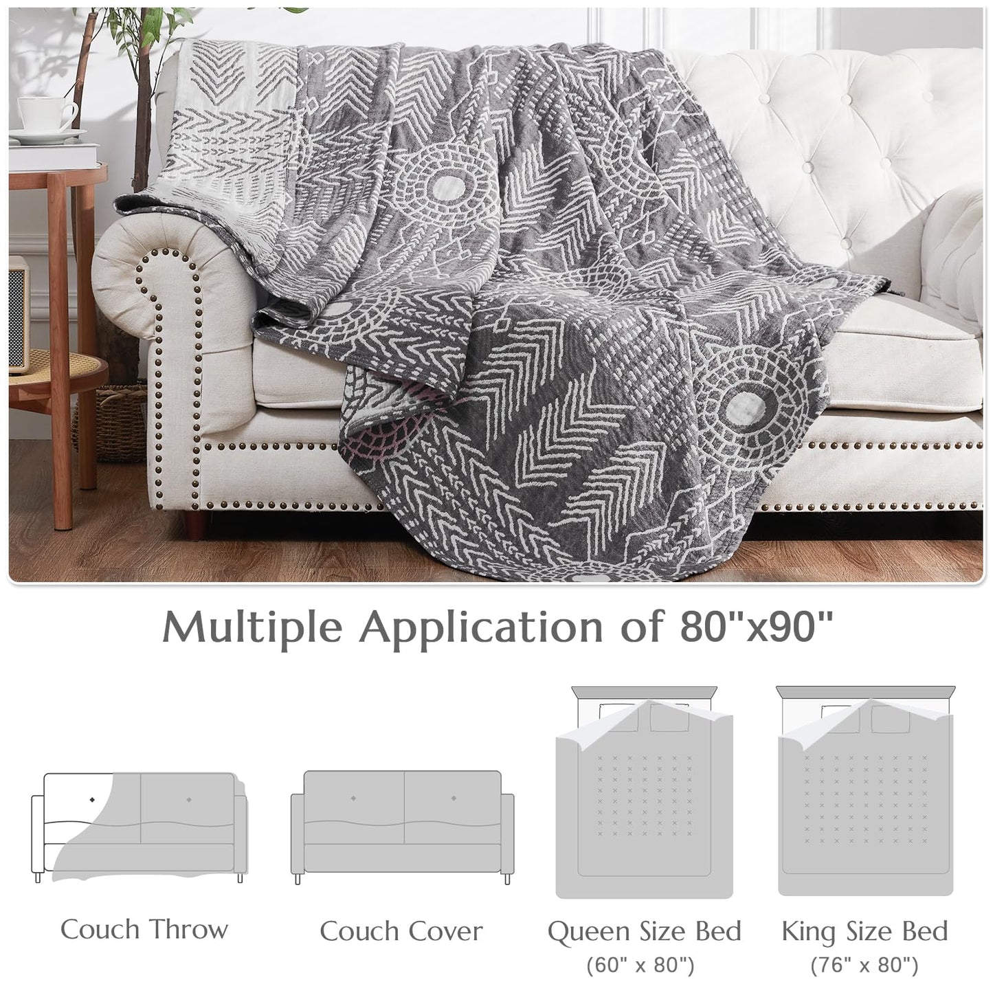 jinchan Boho 100% Cotton Muslin Blanket 3-Layer Queen Size 80x90 Inches Geometric Grey Lightweight Reversible Soft Cozy Comfy Throw for Couch Sofa Bed Large Coverlet Quilt Blanket Bedroom All Seasons