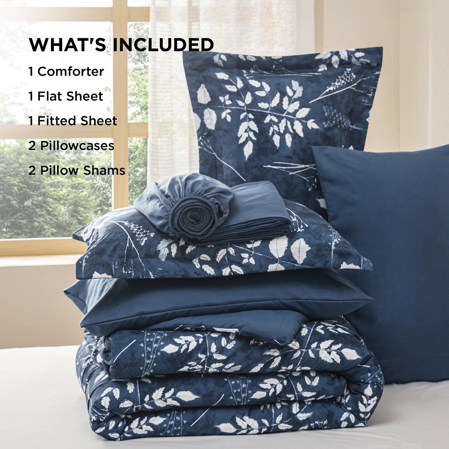 Bedsure Queen Comforter Set - 7 Pieces Floral Navy Soft Bedding Sets, Queen Bed in a Bag with Botanical Flowers Comforter, Sheets, Pillowcases & Shams