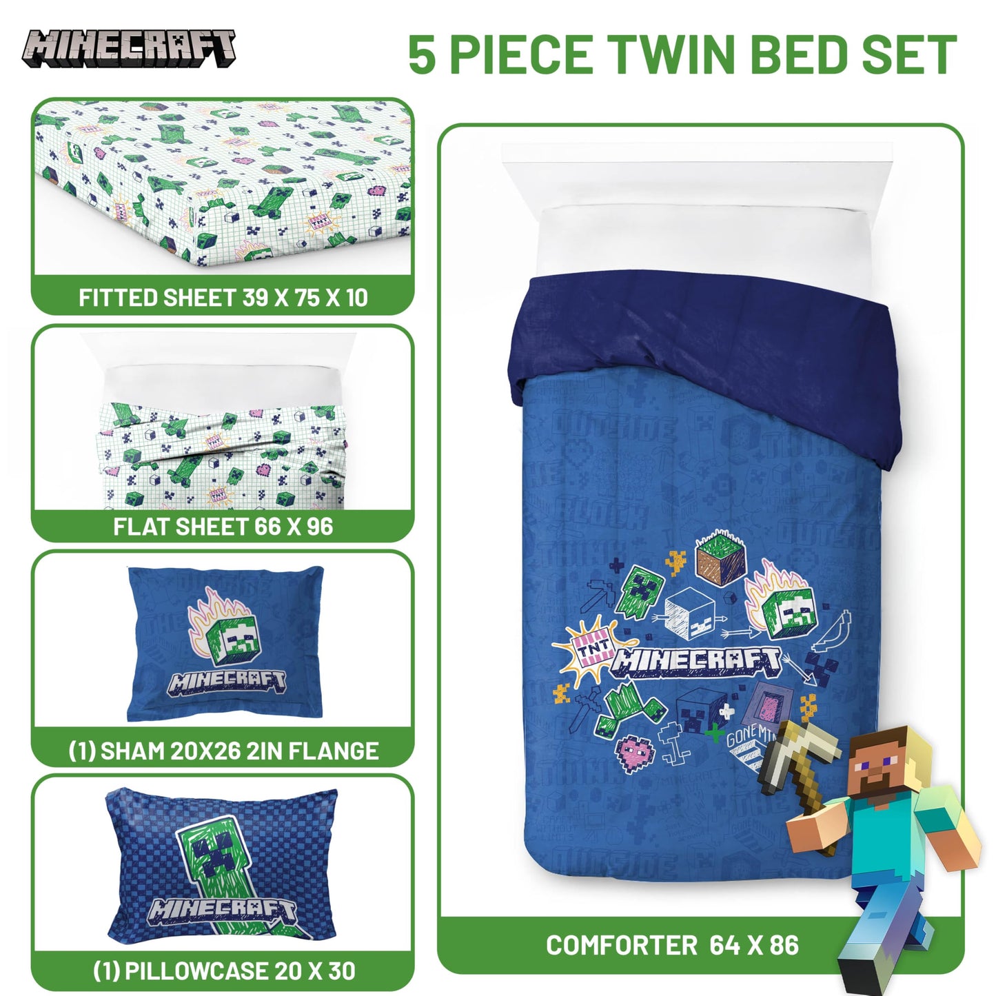 Jay Franco Kids Comforter Set Includes Sheets and Pillow Covers - Soft and Cozy Bed Set for Stylish Room Decor, Blue - Minecraft 02, 5 Piece Twin Bedding