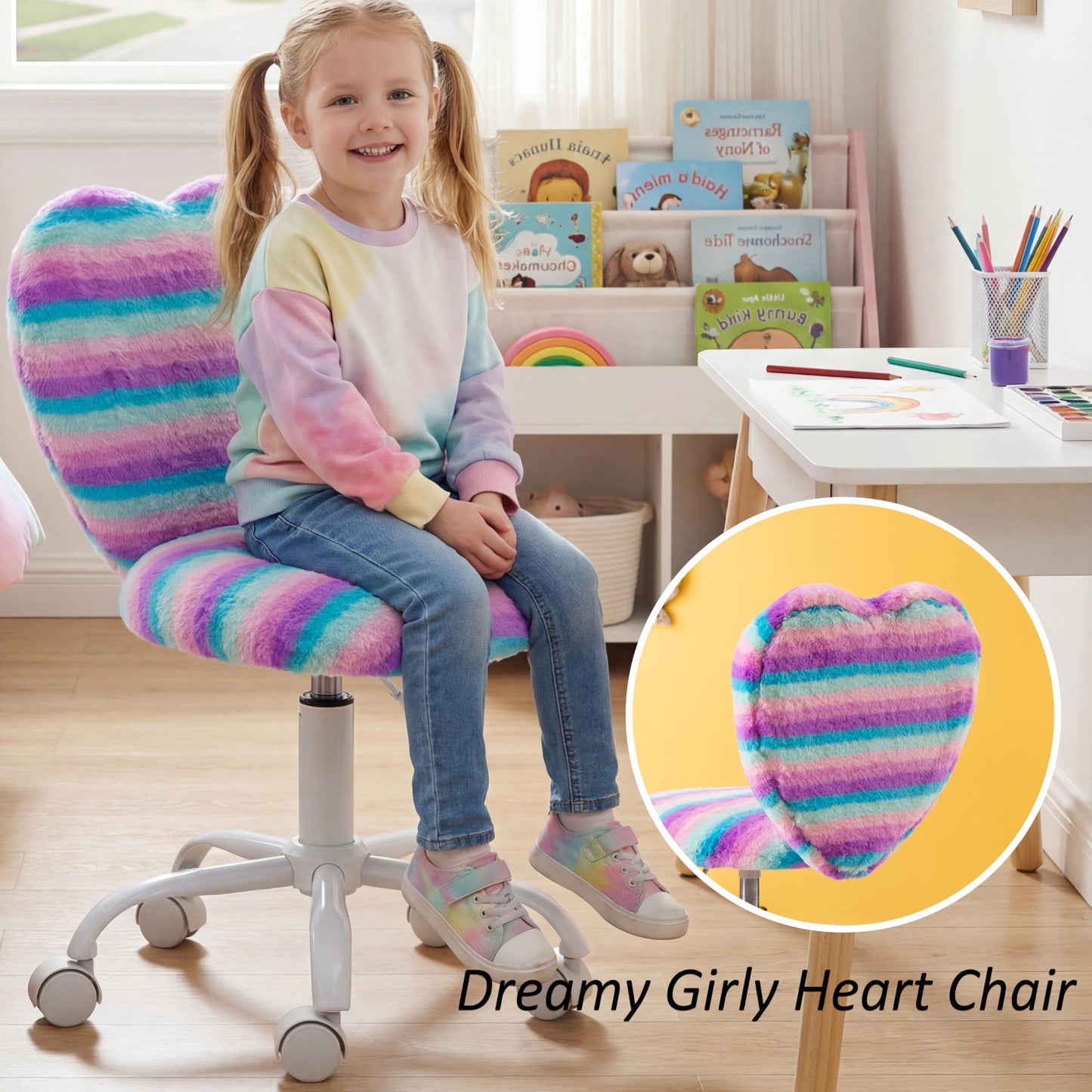 DM Furniture Small Desk Chair Swivel Kids Office Chair Fuzzy Student Computer Task Chair Faux Fur Vanity Chair Cute Heart Chair for Girls Boys Bedroom, Rainbow
