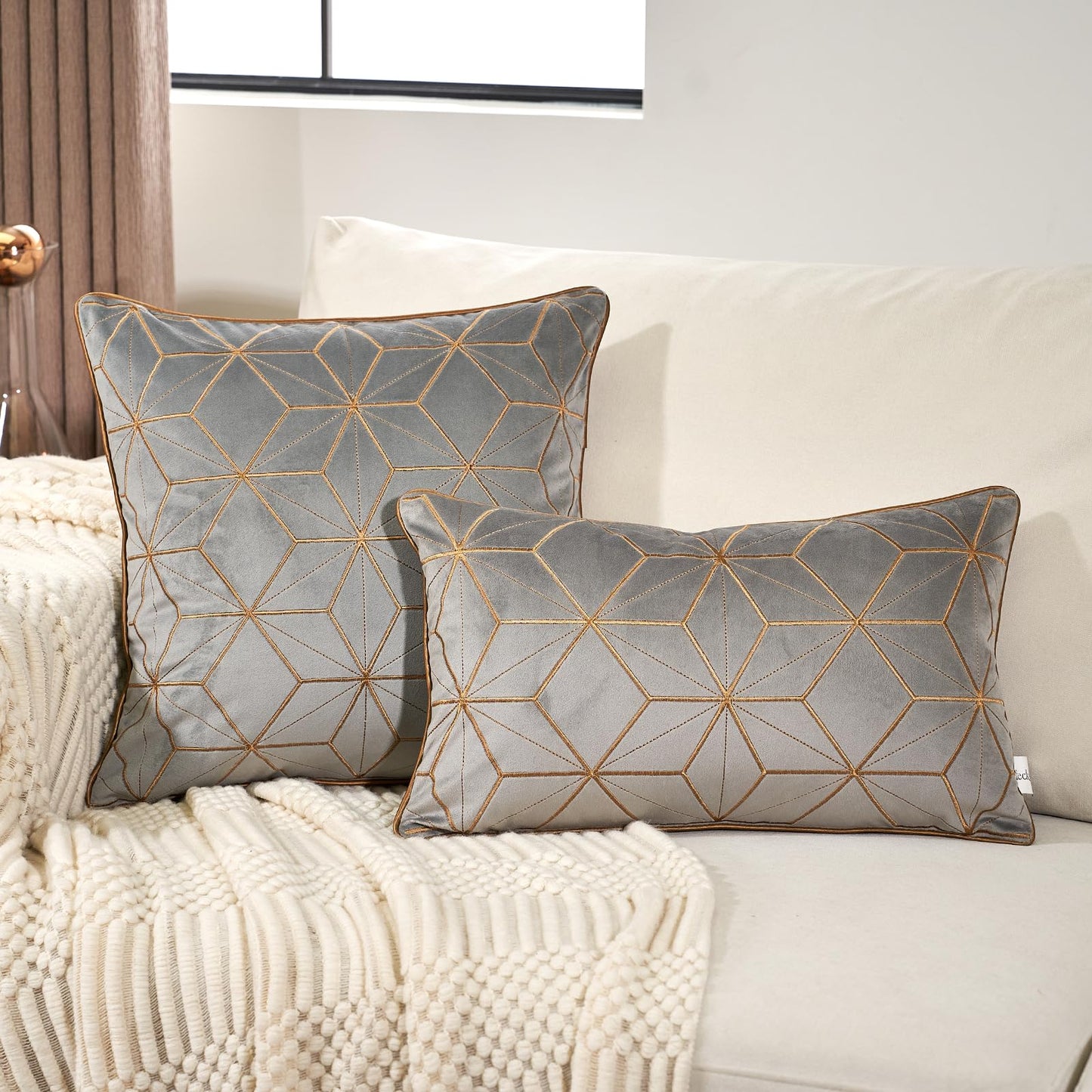 Aeckself Gray Gold Velvet Lumbar Throw Pillow Cover 12 x 20 Inch, Embroidery Rectangle Modern Plaid Accent Pillow Cover with Stitched Edge Decorative Oblong Cushion Case for Couch Living Room Bedroom