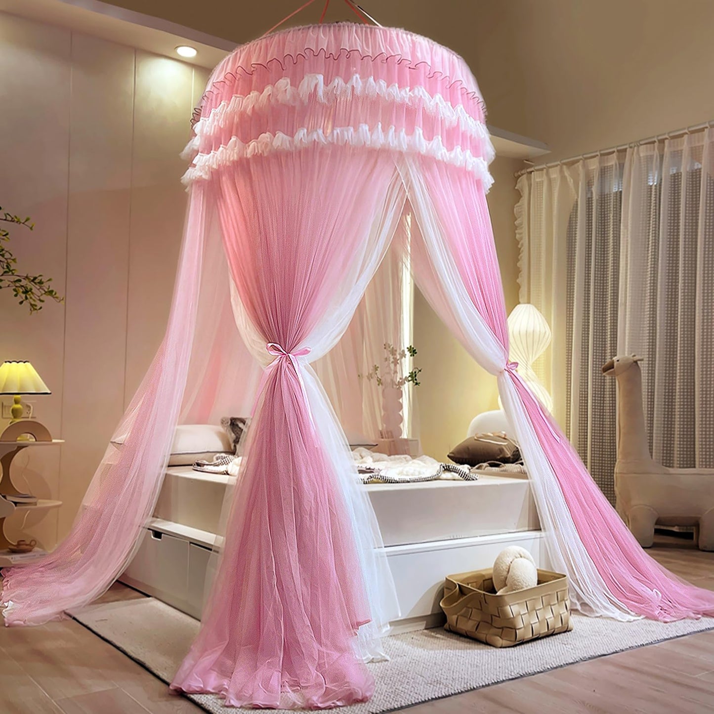 Kertnic Dreamy Bed Canopy for Girls, Princess Canopy Curtains Double Layer Sheer Mesh, Adults Canopies Netting Room Decor Tent Mosquito Net for Queen King Bed (Double Layer-Peach Pink)