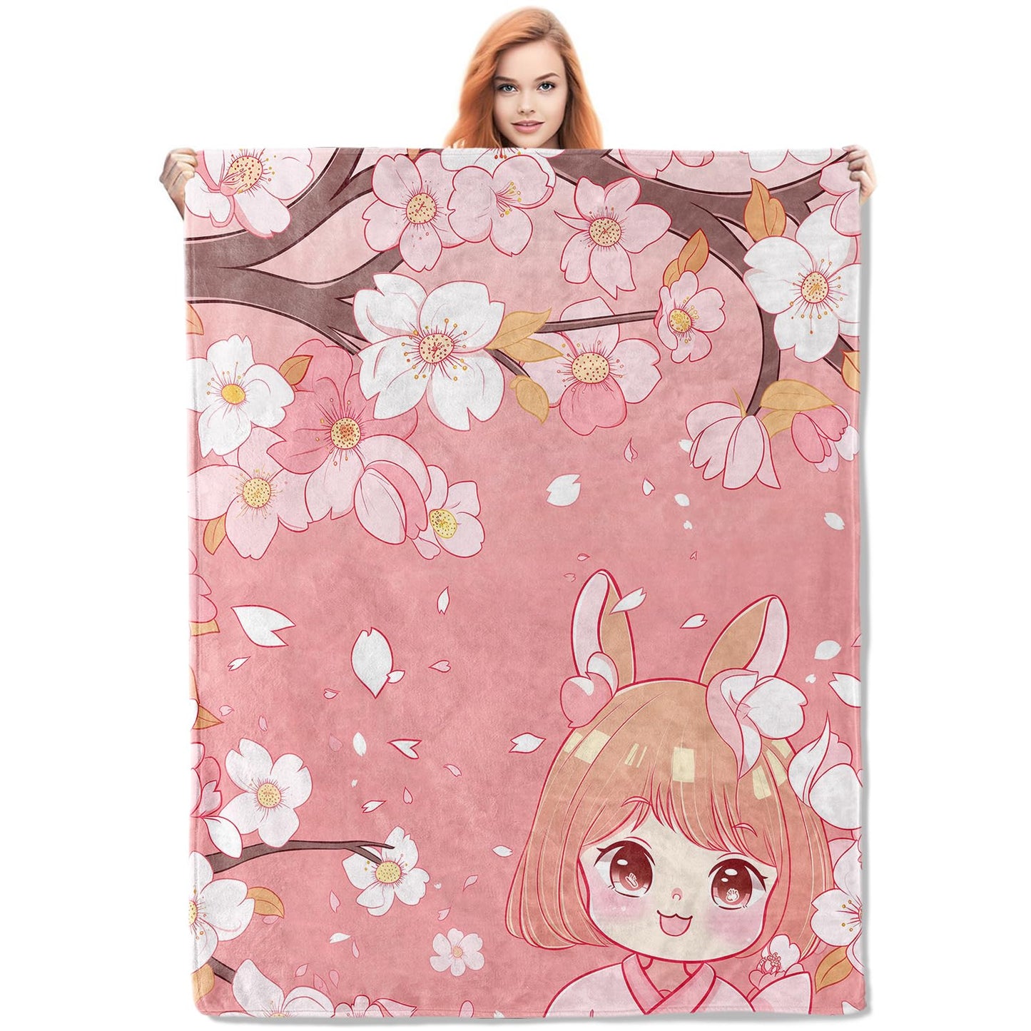 VANZEV Cherry Blossoms and Cute Anime Girl Flannel Blanket,Pink Floral Soft Lightweight Throw Blankets Gifts for Girls Anime Fans,50" x 60" Perfect for Couch Bed Home Travel Decor