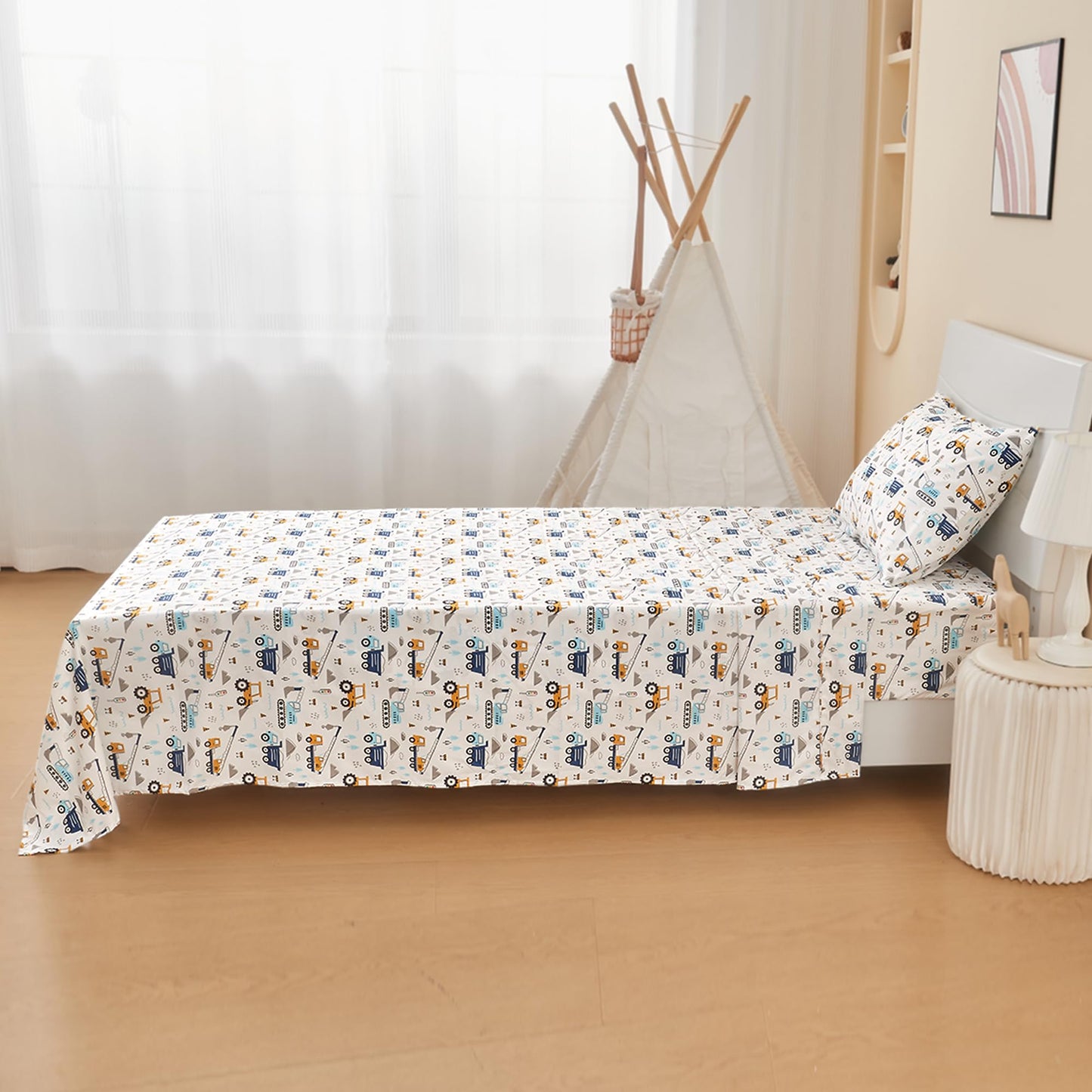 lasoftan Kids Sheet Set Twin Size 3 Pcs, Boys Sheet Set with Blue Excavator Car Pattern，Kids Boys Twin Fitted Sheet，Breathable & Silky Soft Microfiber Fitted Sheet