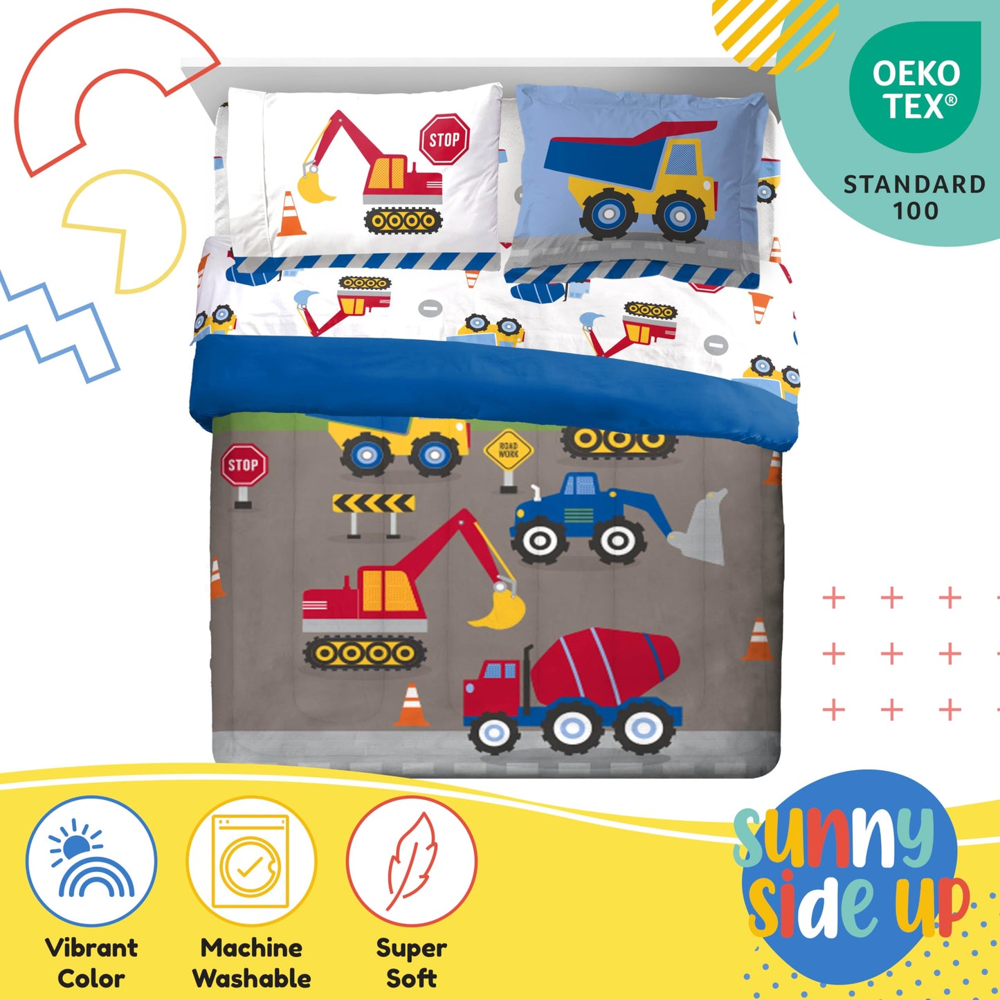Sunny Side Up Construction Zone Full Comforter Set - 7 Piece Kids Bedding Includes Comforter, Sheets & Pillow Cover - Super Soft Vehicles Microfiber Bed Set