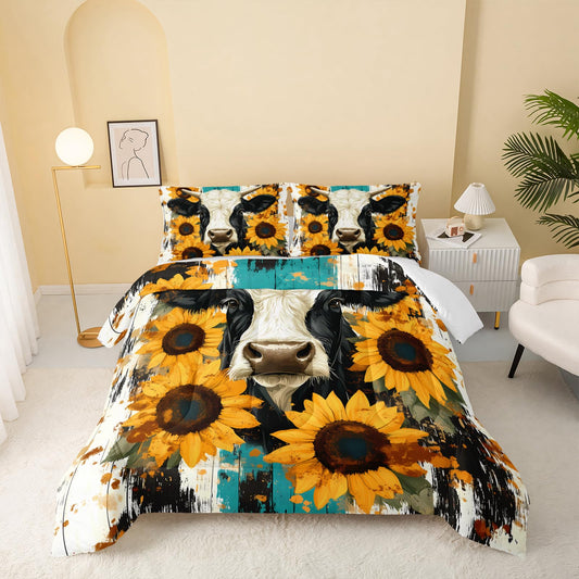 QOOMO Cow Kids Full Comforter Set 3Pcs Farm Animal Bedding Set for Girls Boys Sunflowers Printed Comforter with 2 Pillowcases Lightweight Microfiber for All Seasons