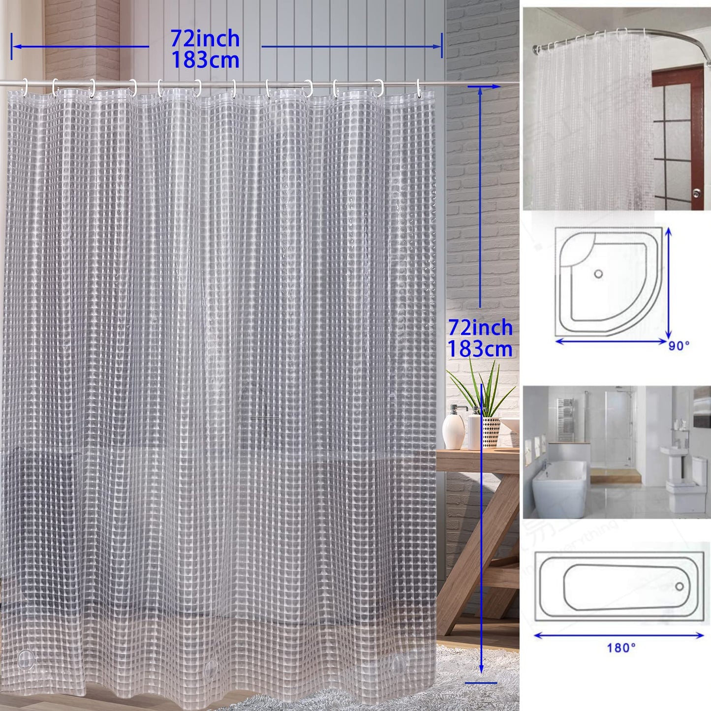 Bostofy Heavyweight 8G Bathroom Shower Stall Curtain Liner, 72' W x 72' H Waterproof, Shower Curtain or Liner for Shower Stall/Bathtub