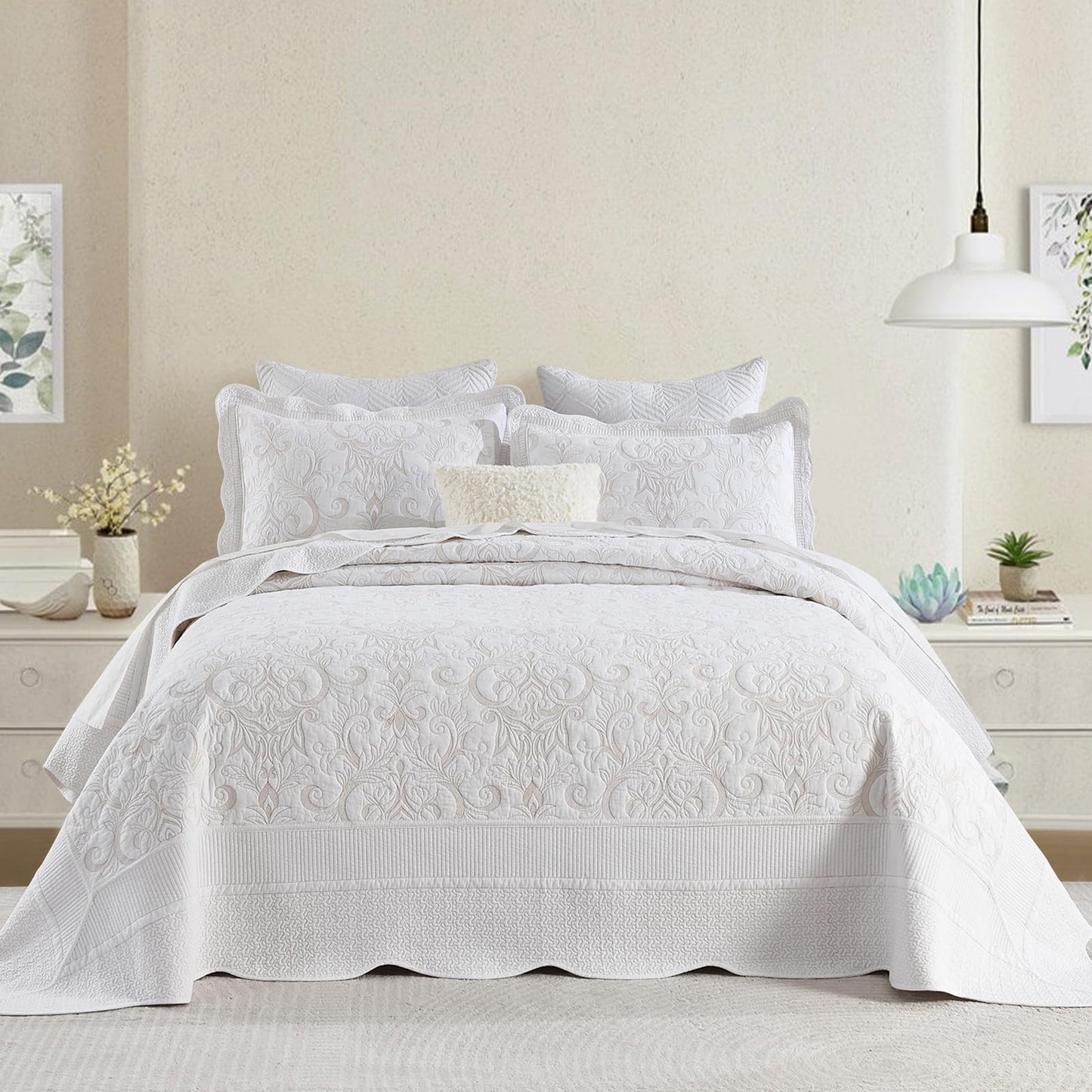 Finlonte Oversized King Bedspread 120"x120" - 100% Cotton Vine Embroidery King/Cal King Quilted Bedspread Coverlet, Lightweight Extra Large Quilt Set with 2 Pillowshams, White/Yellow