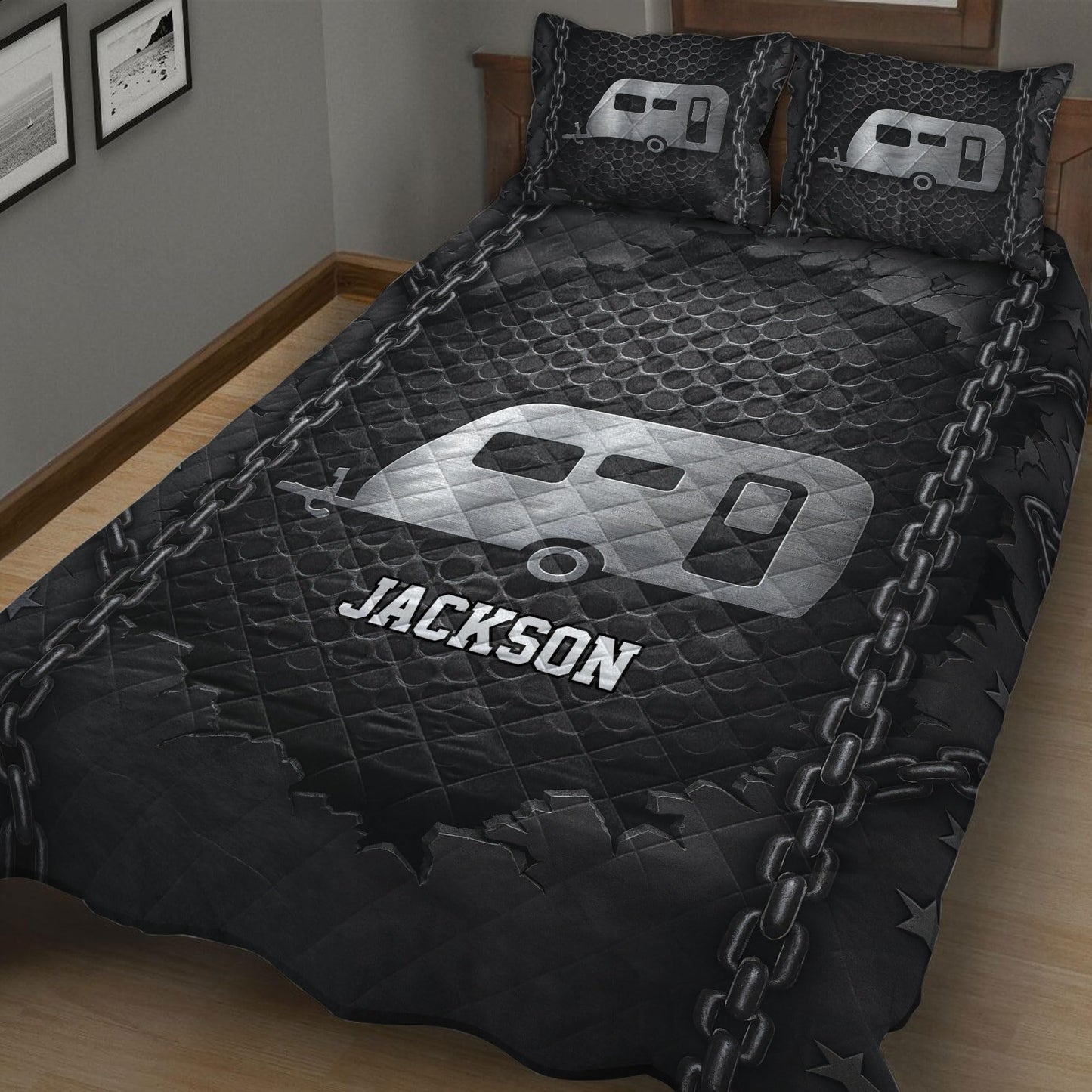 OhaPrints Custom Camping Camper Iron Chain Pattern Unique Gifts Personalized Name Quilt Blanket & Pillowcases, Bedding Set & Pillow Cover, King Queen Double Twin Throw Full Size Bedspread Bed