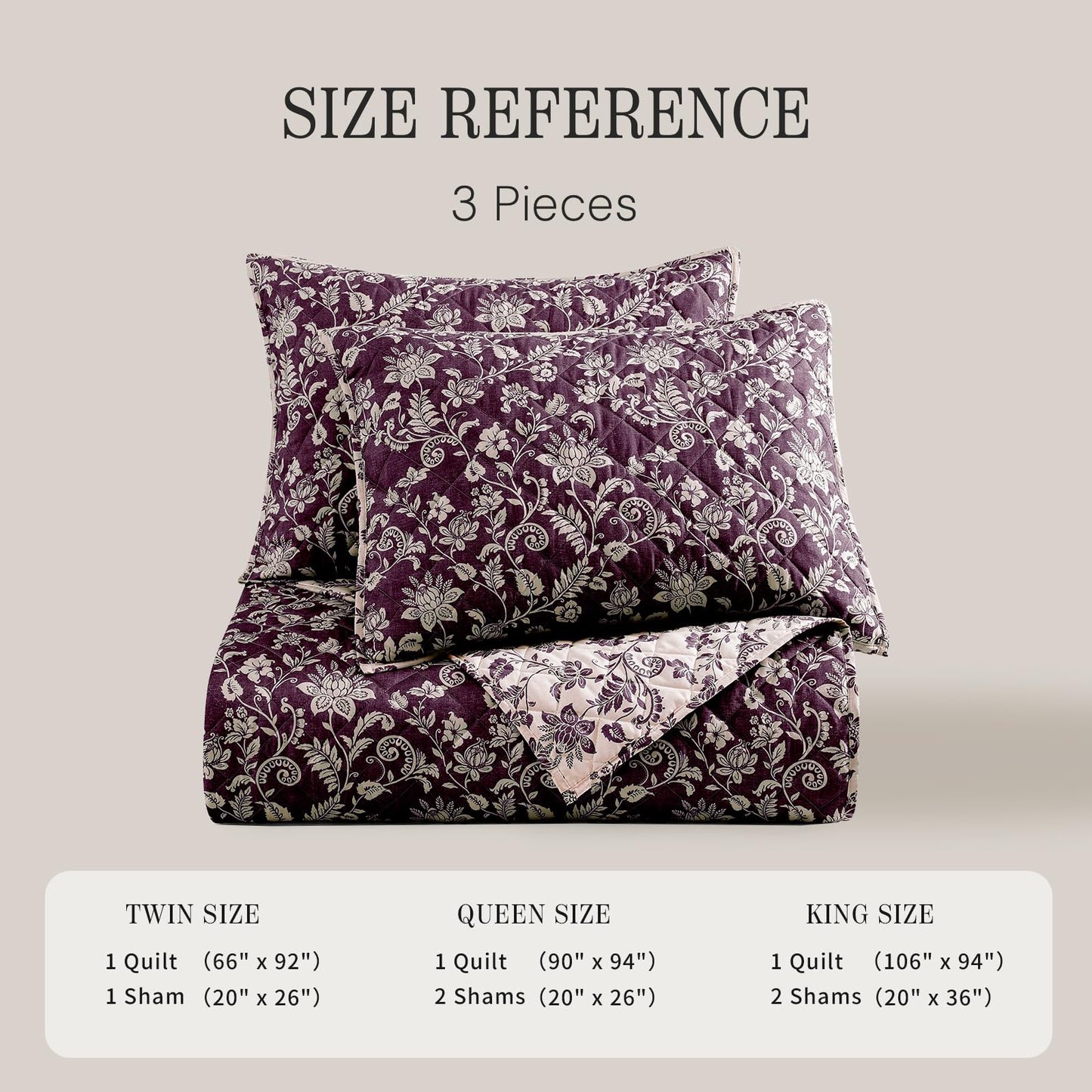 BLOOMHAVEN Quilt Set Queen Size, Italian Plum Floral Quilt Sets, Reversible Bedspread Lightweight and Breathable for All Seasons, Soft Quilted Bedspread with 2 Pillow Shams