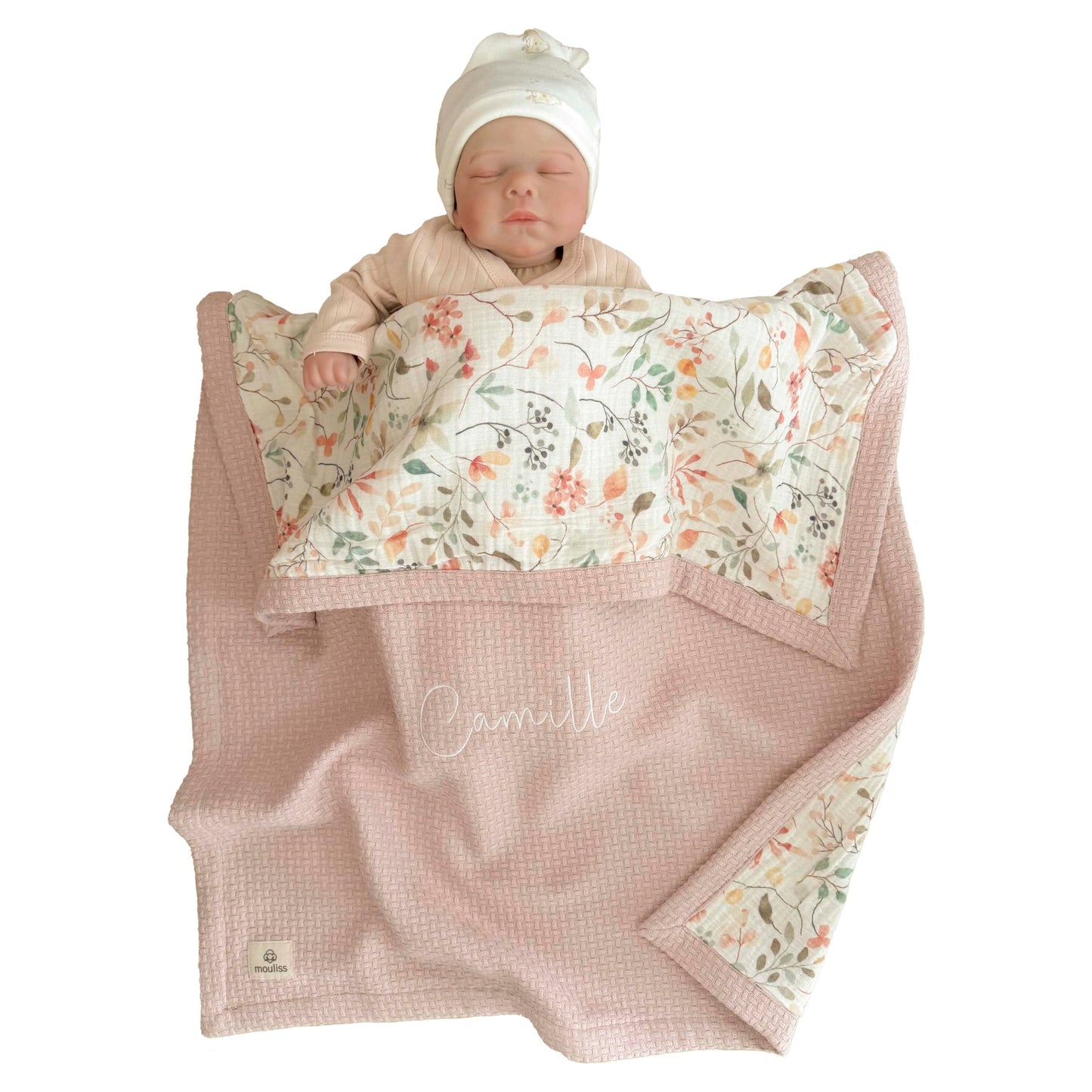 Mouliss Personalized Baby Blanket with Name – Handmade 100% Organic Cotton Newborn Gift | Custom Knit Blanket for Boys, Girls, Kids & Baby Showers (Petal Pink/Petal Whispers)