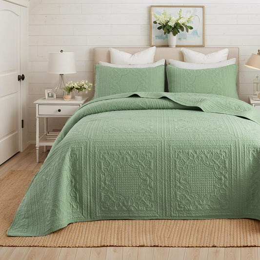 Brandream King Size Quilt Set Cotton Sage Green Quilts Cottage Core Bedding Matelasse Coverlet Set 3-Piece