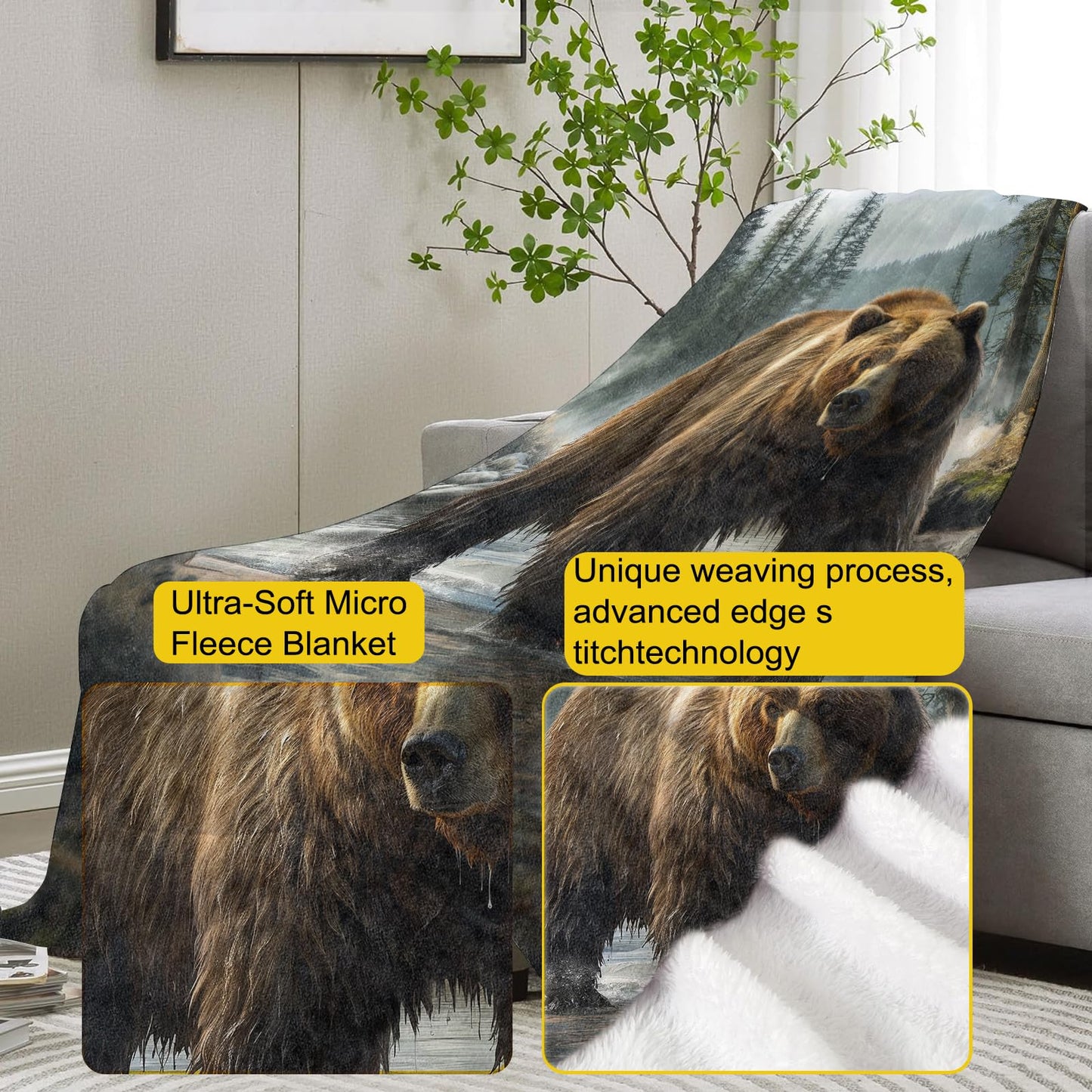 VANZEV Brown Bear in Misty Forest Flannel Blanket,Realistic Wildlife Soft Lightweight Throw Blankets Gifts for Women Nature Lovers,60" x 80" Perfect for Couch Bed Home Travel Decor