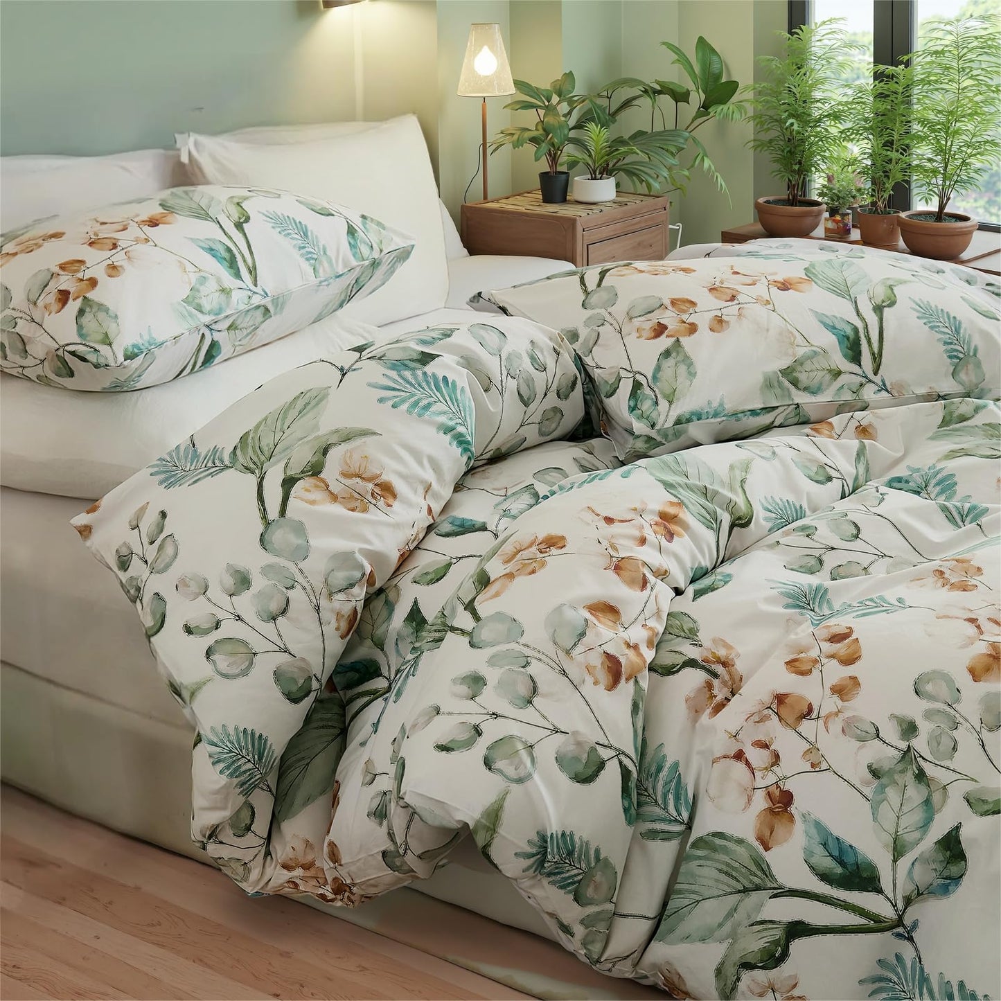 Cozaline 100% Cotton Duvet Cover King Size – Eucalyptus Botanical Print Green Floral Duvet Cover Set, 3-Piece Soft Breathable Natural Premium Cotton Bedding Set for All Seasons