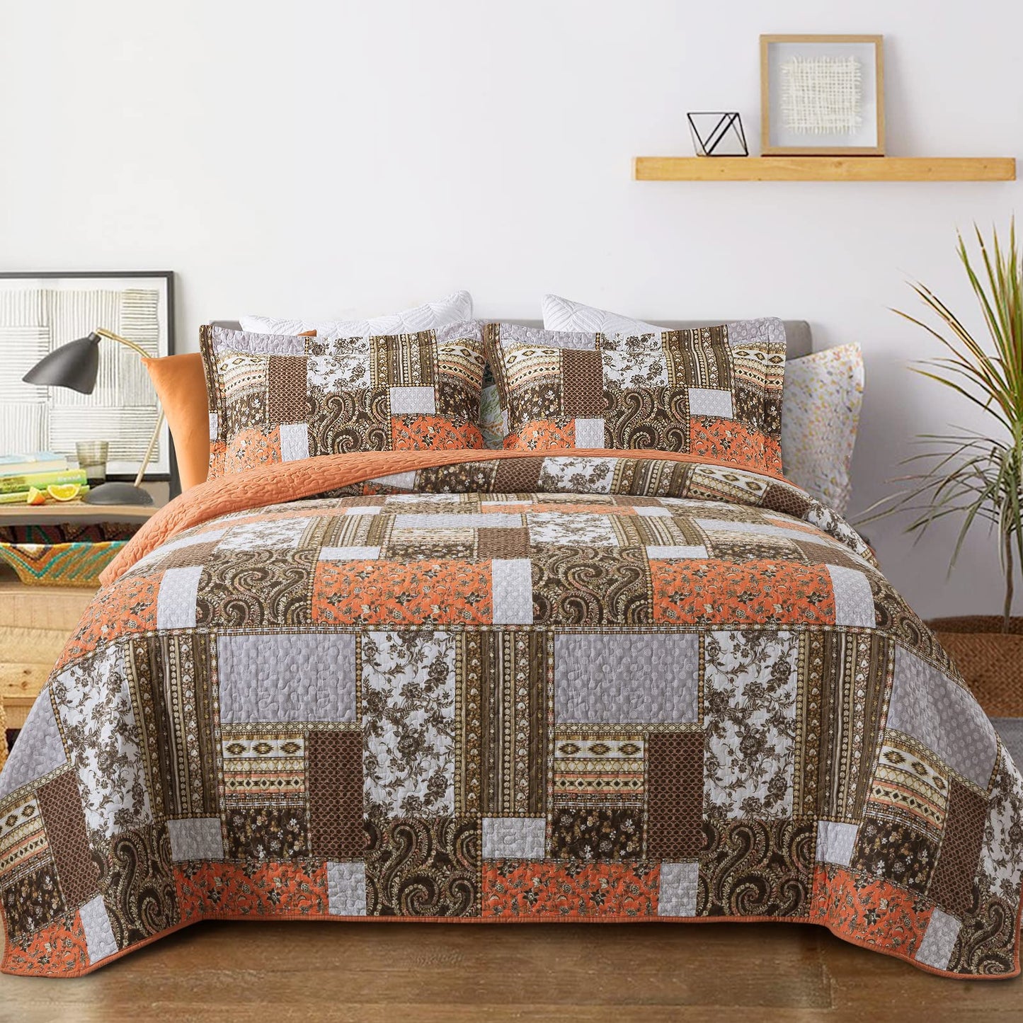 VAPUTAR Quilts Queen Size - Fall Cotton Quilt Set Quilted Bedspread Coverlet Lightweighet Bedding Set with Shams for All Season, 3 Piece Boho Patchwork Quitled Bedspread Queen Size (Dream Orange)