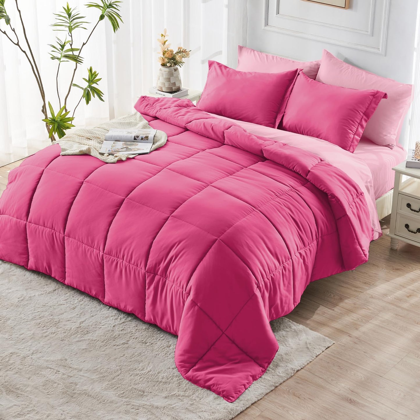 JOLLYVOGUE Queen Comforter Set, Ultra-Soft Bed in a Bag Queen Size 7 Pieces, Oeko-TEX Certified Bedding Set with Down Alternative Comforter, Sheets, Pillowcases & Shams, Hot Pink & Baby Pink