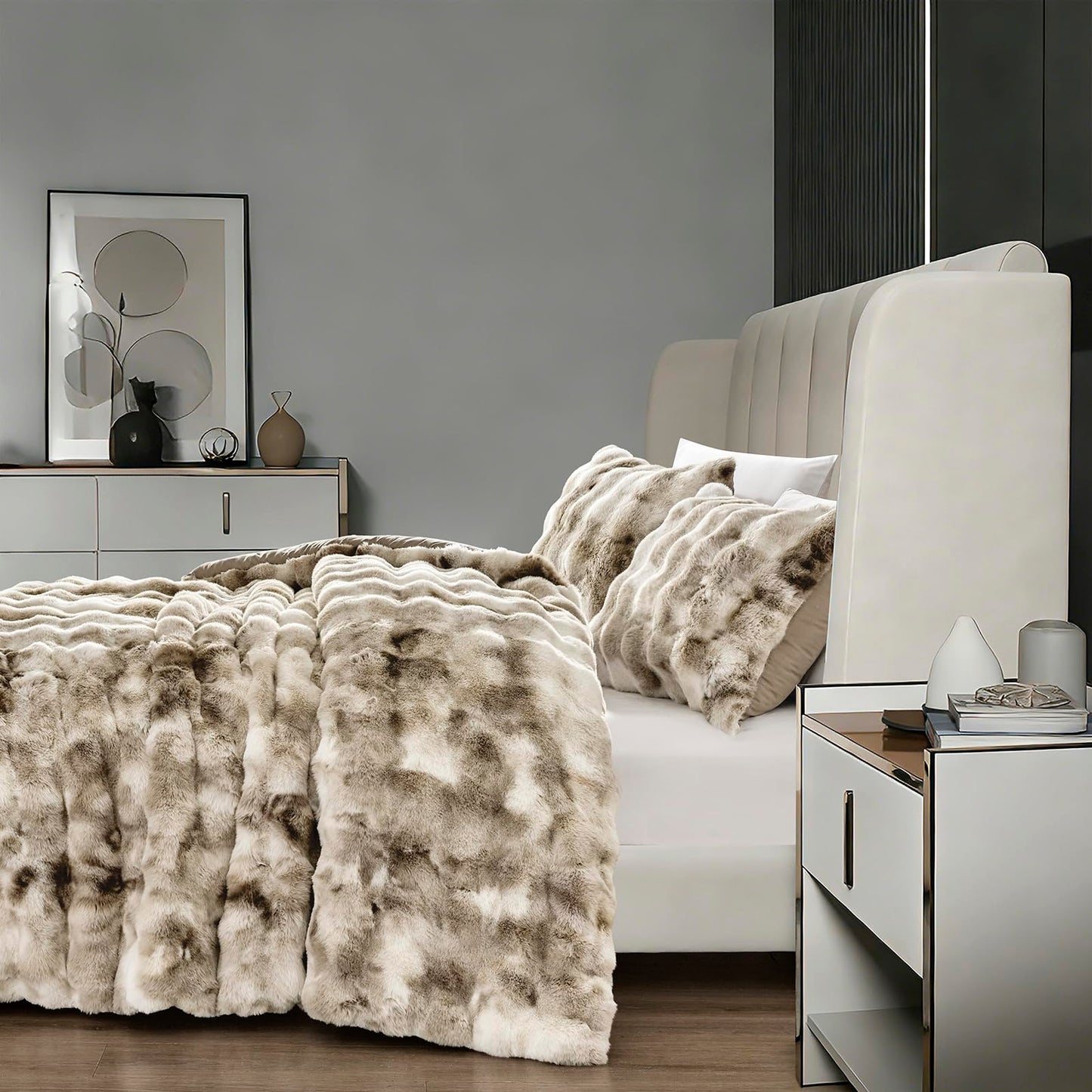 Fredsure Faux Rabbit Fur Comforter Set, 3 Pieces Tie Dye Khaki Queen, Faux Rabbit Fur Face and Microfiber Reverse