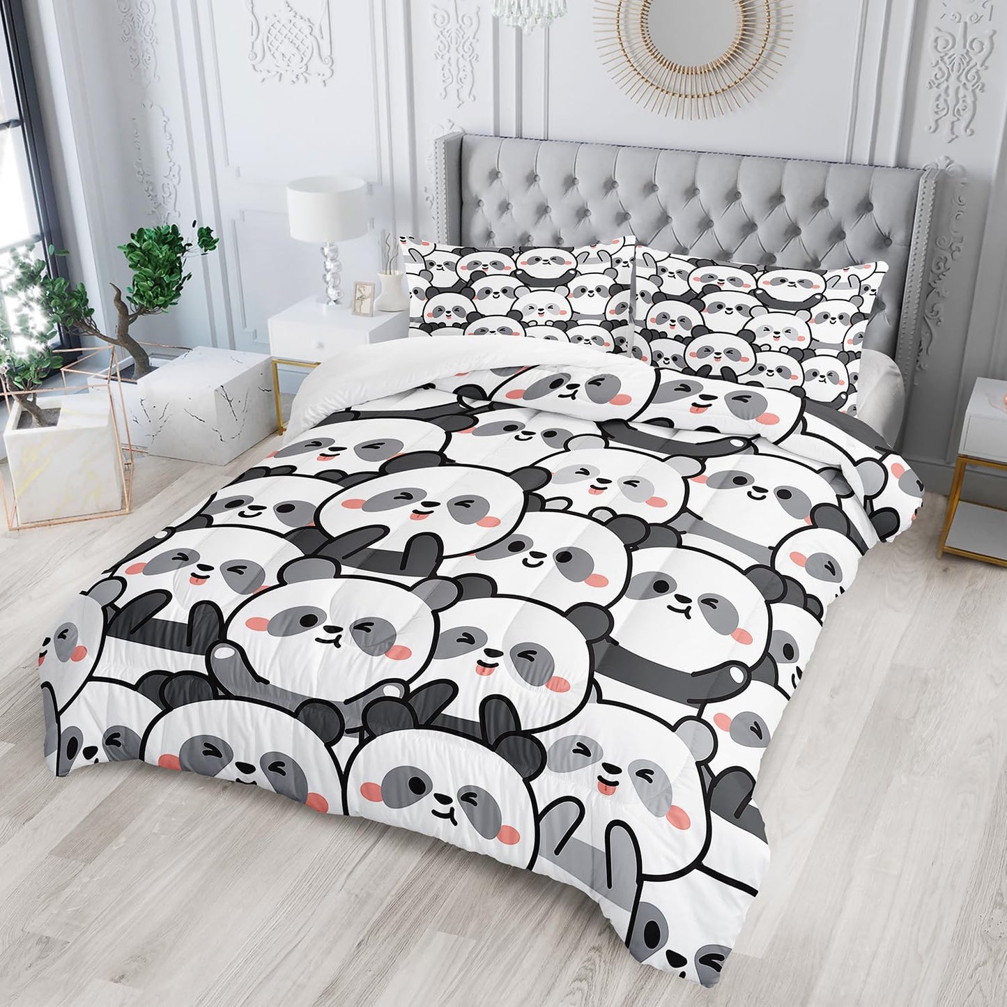 XYNHML Kawaii Cartoon Black White Panda Bedding Animal Themed Comforter 3Pcs Full Bear Pattern Bedding Set for Kids Teens Girls Boys Bed Decor Emoticon Panda Quilt with 1 Comforter and 2 Pillowcases