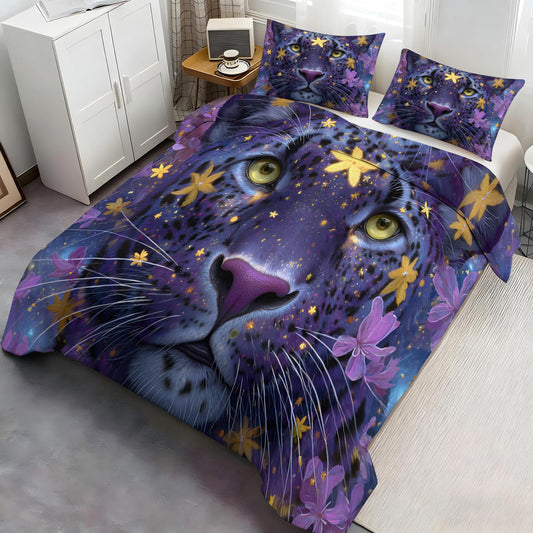 Purple Leopard Duvet Cover Set Twin Size for Women, Starry Sky Bedding Set 3 Piece Microfiber with Zipper Closure & Corner Ties for Teen Adult, Flowers and Animal Comforter Cover with 2 Pillowcases