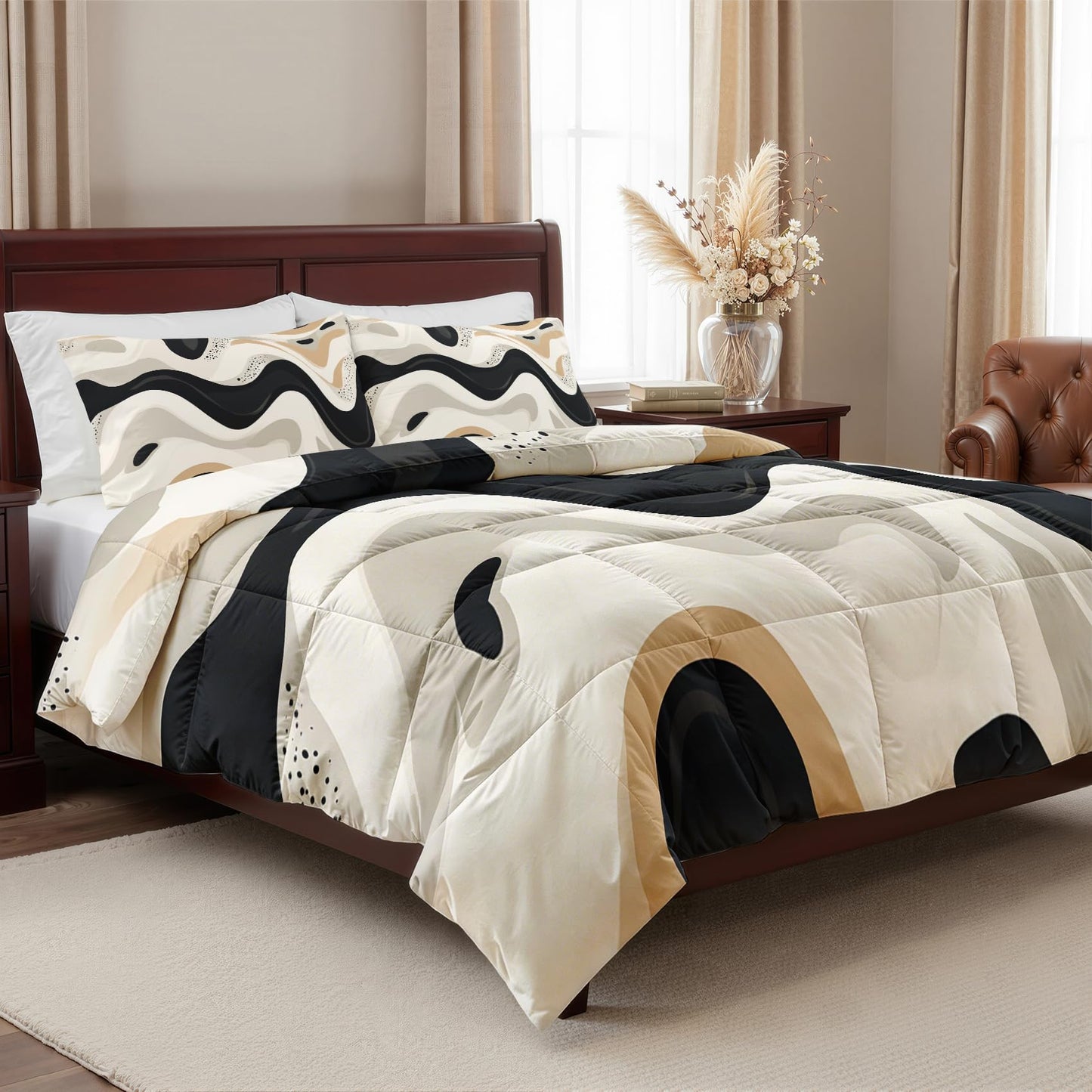Abstract Comforter Queen Size - 3 Pcs Bed Set, All Season Comforter & 2 Pillowcases, Black White Beige Bedding Set, Soft Lightweight Down Alternative Duvet Insert, Mid Century Modern Bedroom Decor