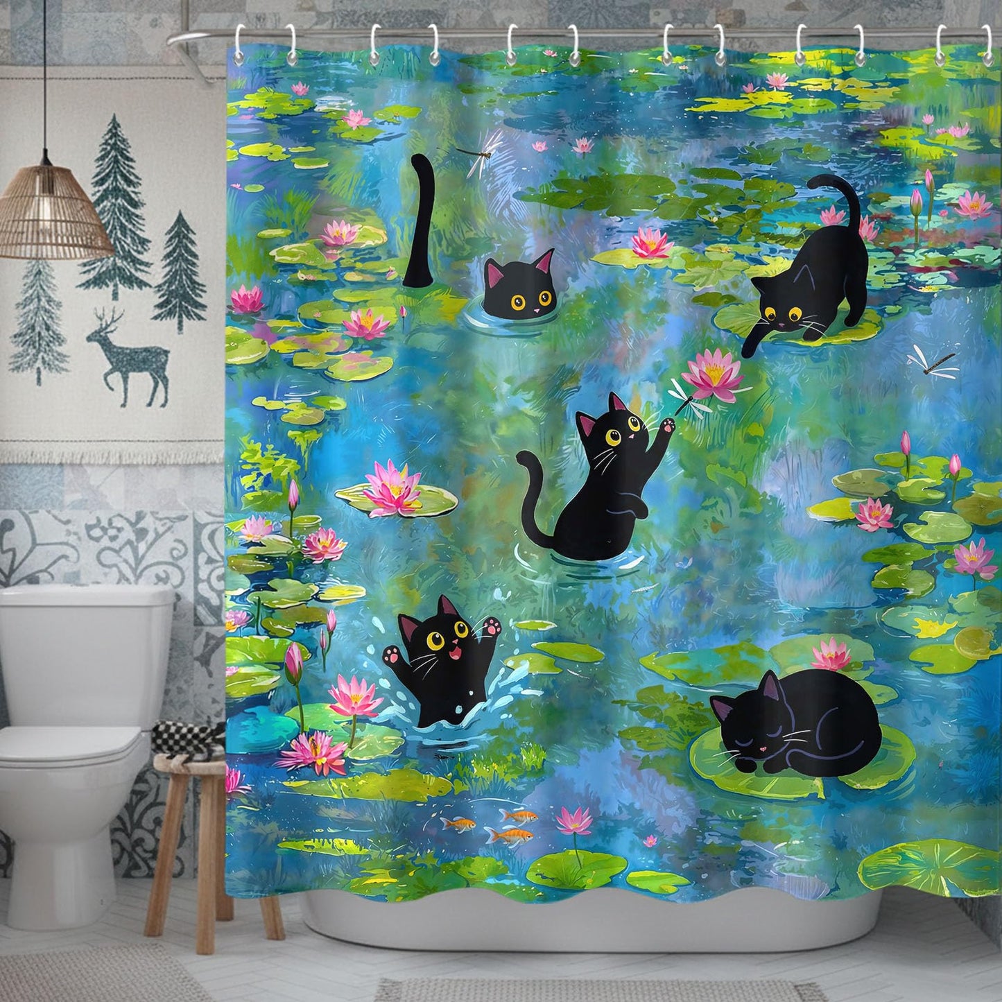 Haibimen Funny Black Cats Shower Curtain Sest Lily Pond Shower Curtain for Bathroom Waterproof Cute Cartoon Flower Nature Bathroom Decor Polyester Fabric 72 x 72 inch with Hooks (Green 1)