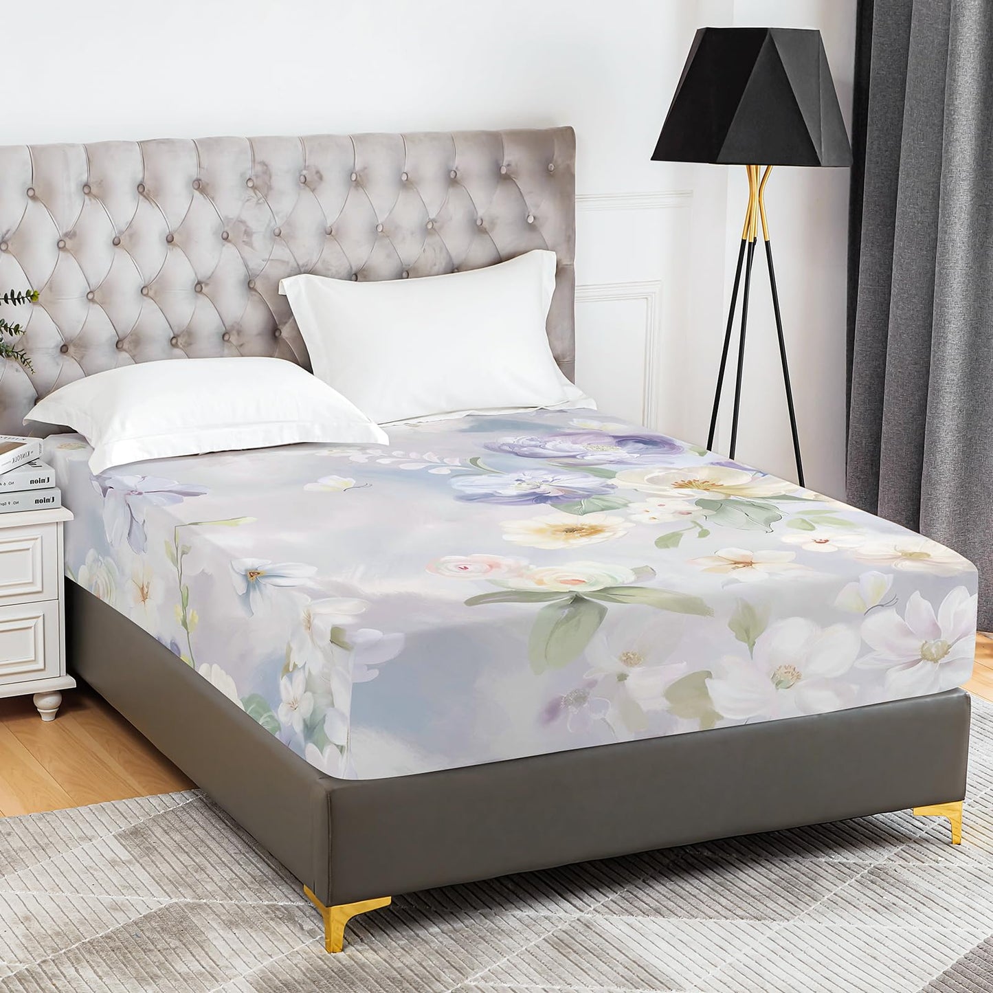 YIYEA Floral Fitted Sheet Only, Premium Double Brushed Microfiber Deep Pocket Fitted Sheet Queen Size, Ultra Soft Fitted Bottom Sheet, Shrinkage, Fade Resistant, Queen