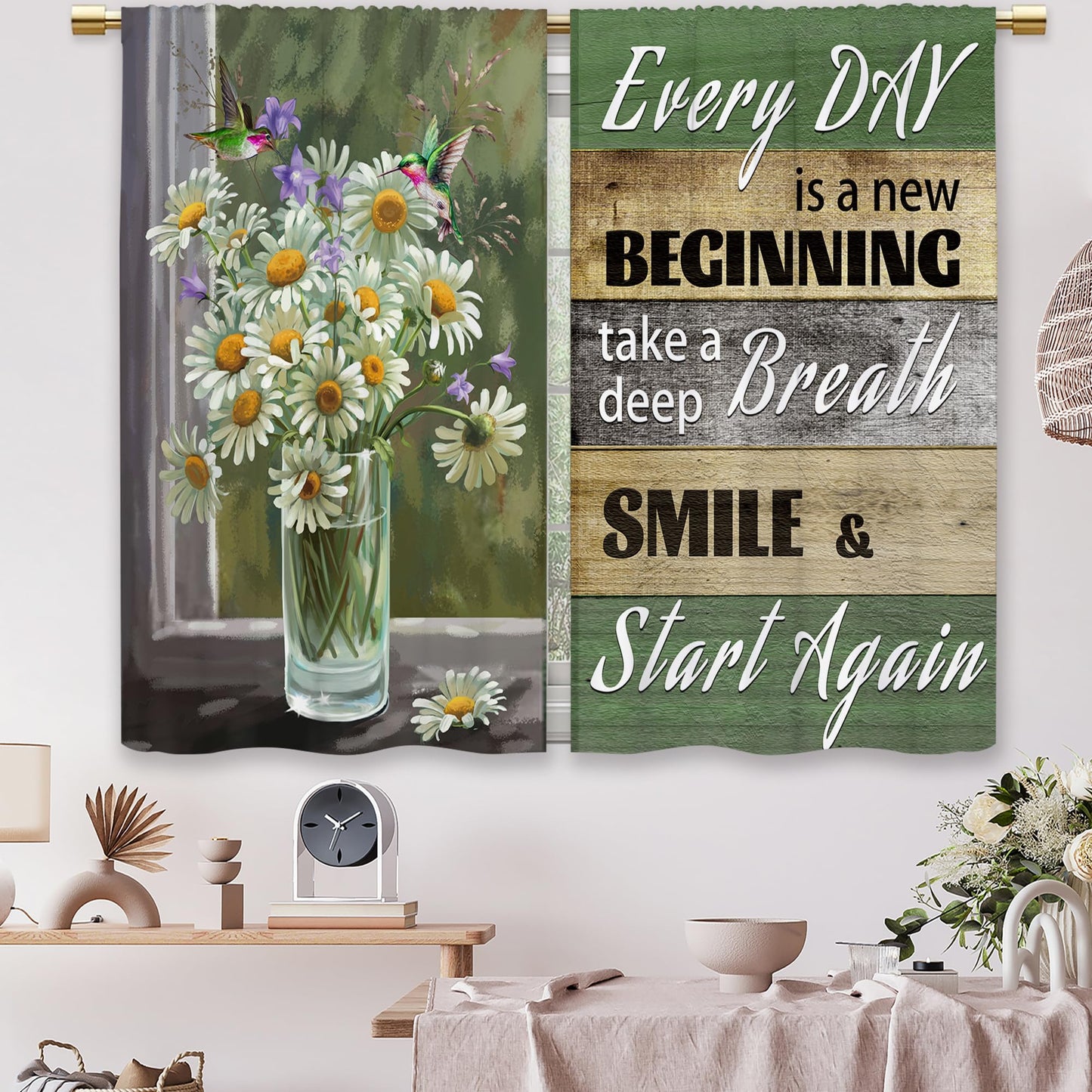 Laifzere Rustic Daisy Vase Floral Kitchen Curtains Green Wooden Farmhouse Flower Small Short Cafe Window Curtains Jesus Country Inspirational Bathroom Window Treatment Tier Curtains (27.5x39 Inch)