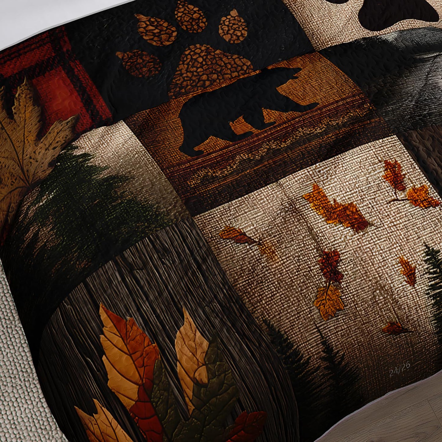 UEVBF Hunting Themed Quilt King Size,Lightweight Cabin Plaid Bedding Set with 2 Pillowcases,Forest Tree Brown Bear Paw Printed Bed Sets for Adults Room Decor.