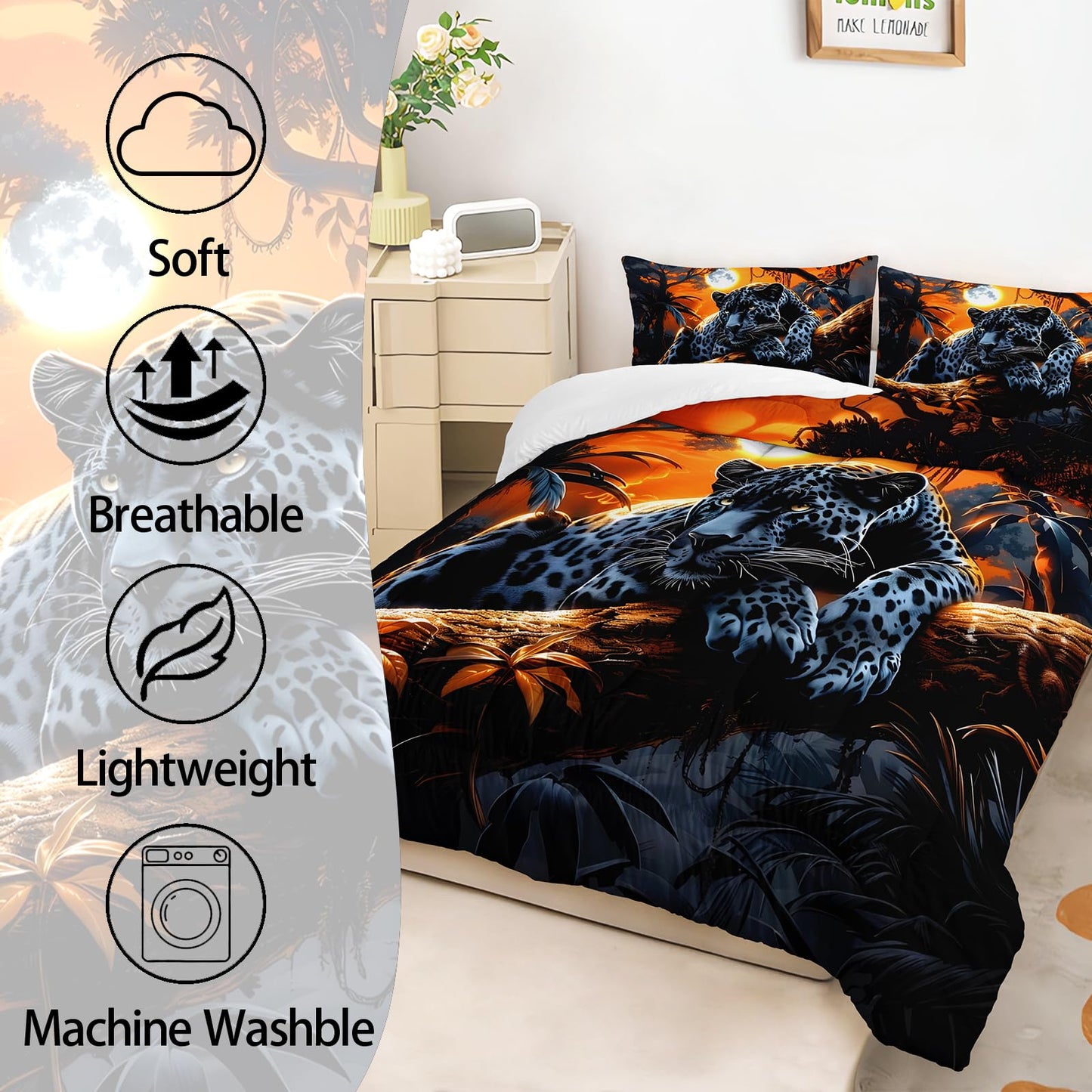 AILONEN Black Panthers Print Comforter Set Queen Size, Safari Leopard Theme Bedding Set for Room,Forest Animal Soft Mirofiber Comforter with 2 Pillowcases,3Pcs