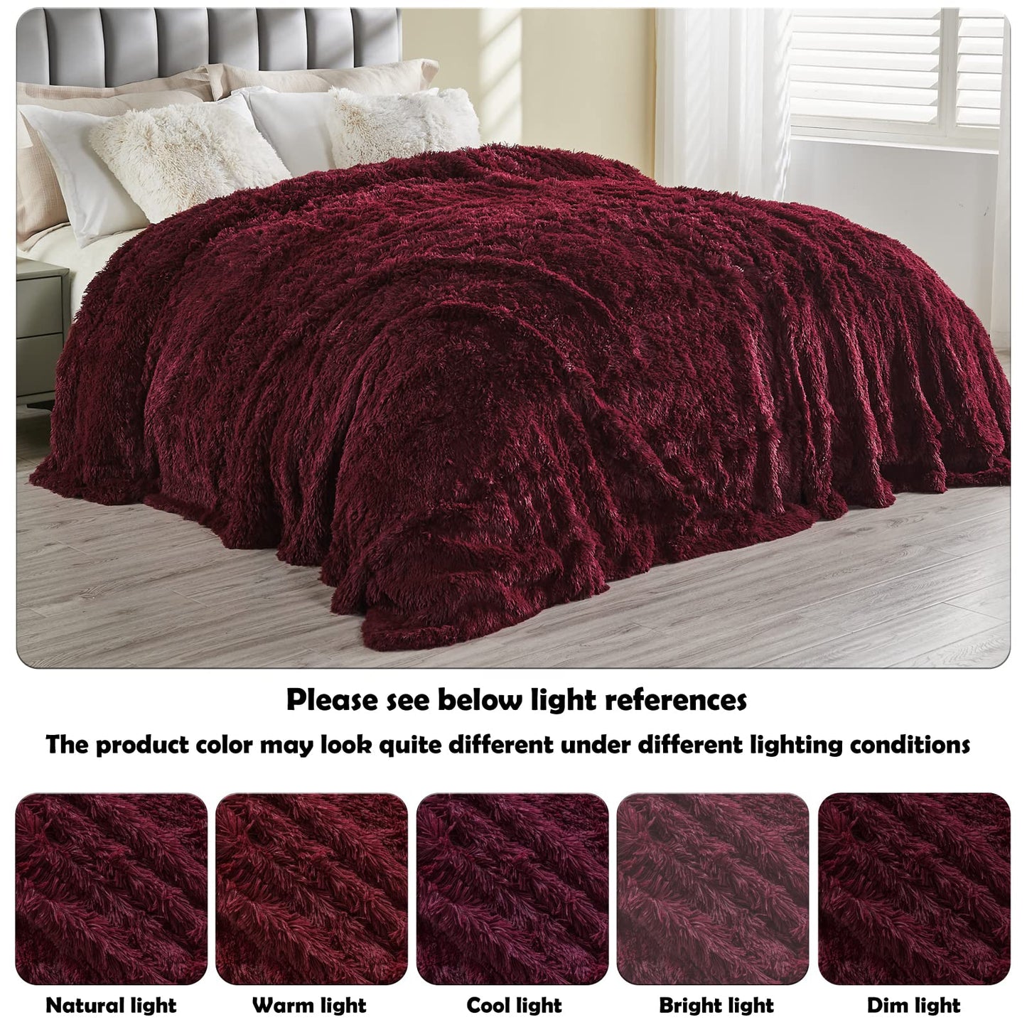 GONAAP Fuzzy Faux Fur Throw Blanket Queen Size Wine Red Super Soft Cozy Plush Fuzzy Shaggy Blanket for Couch Sofa Bed (Wine Red, Queen(90"x90"))