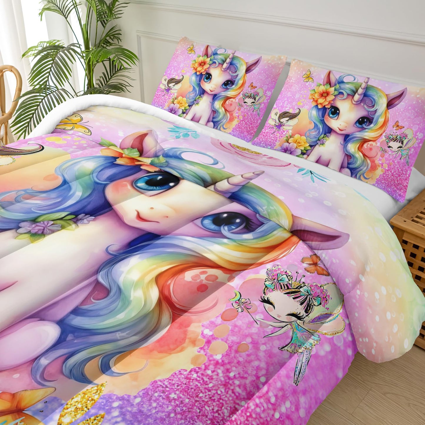 lneffble Cute Unicorn Comforter Set Twin for Girls Kids, Rainbow Unicorn Flower Print Galaxy Bedding Set,Soft Microfiber Cartoon Comforter Set with 2 Pillowcases,Toddler Bedding Set