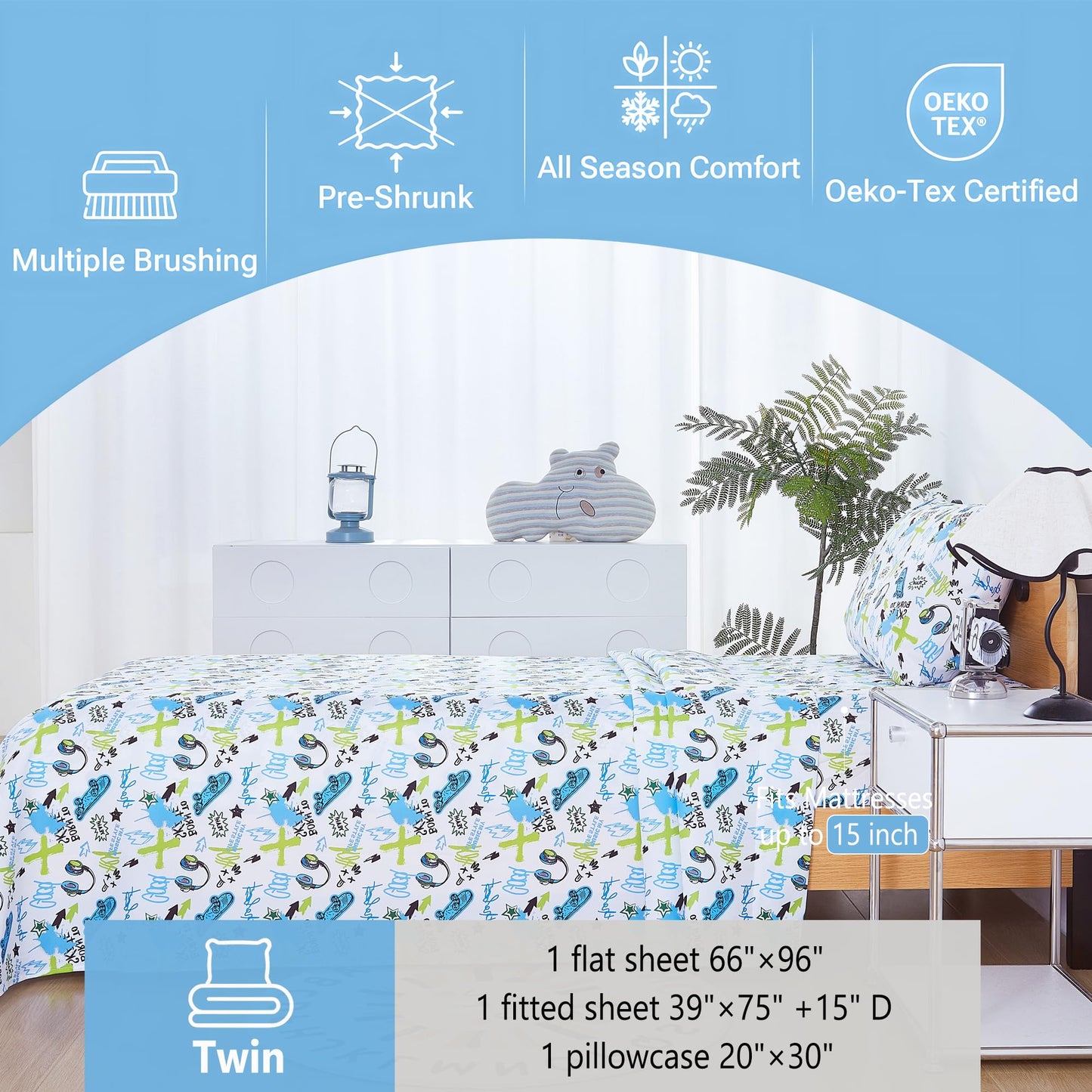 Softan Kids Bed Sheet Set, 3-Piece Twin Sheets Set, Microfiber Fitted Sheet with Corner Straps, Breathable & Silky Soft Trendy Skateboard Graffiti Printed Sheet and Pillowcase Sets