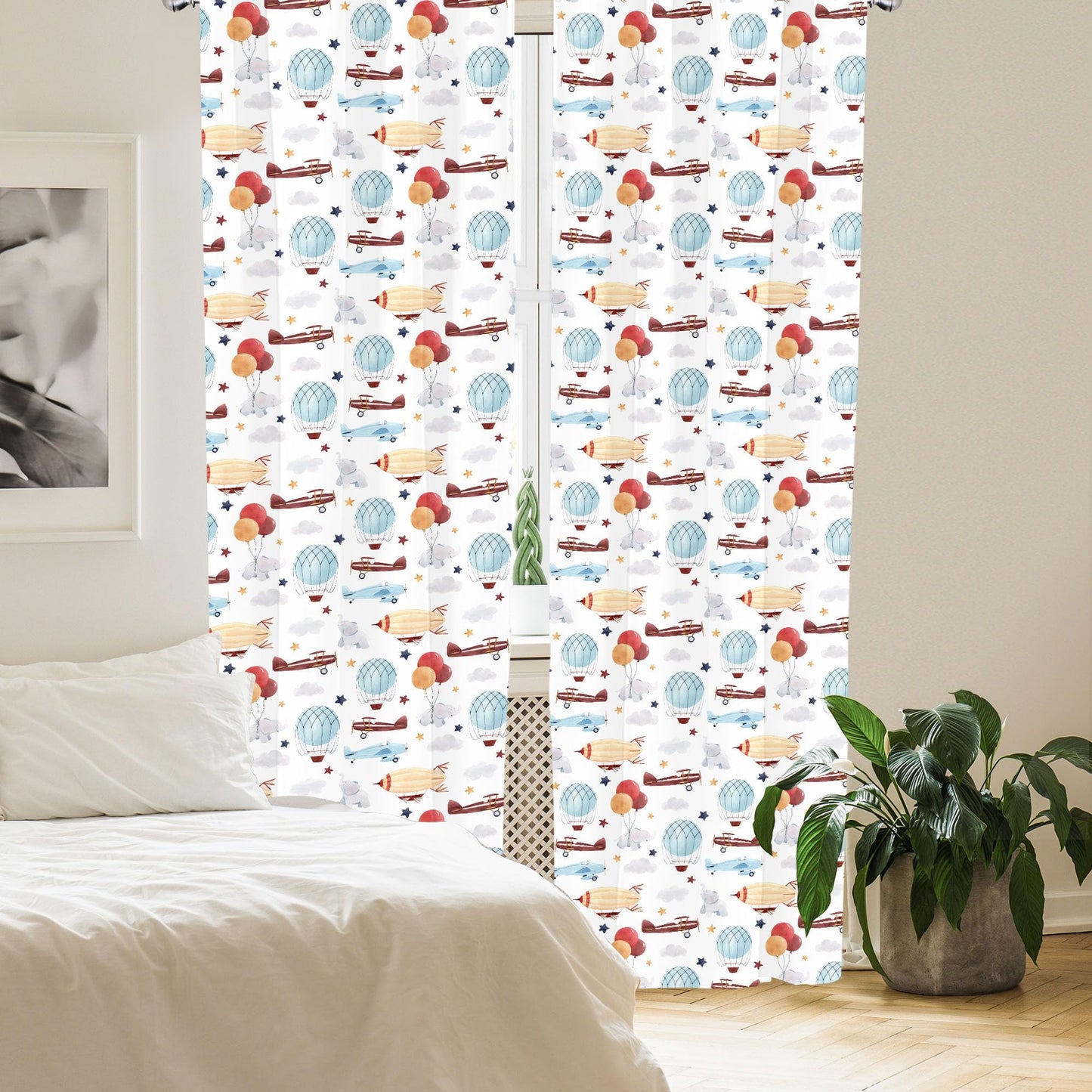 Lunarable Plane Window Curtains, Hot Air Balloon Stars Flying, Lightweight Decor 2-Panel Set with Rod Pocket, Pair of - 28" x 63", White Multicolor