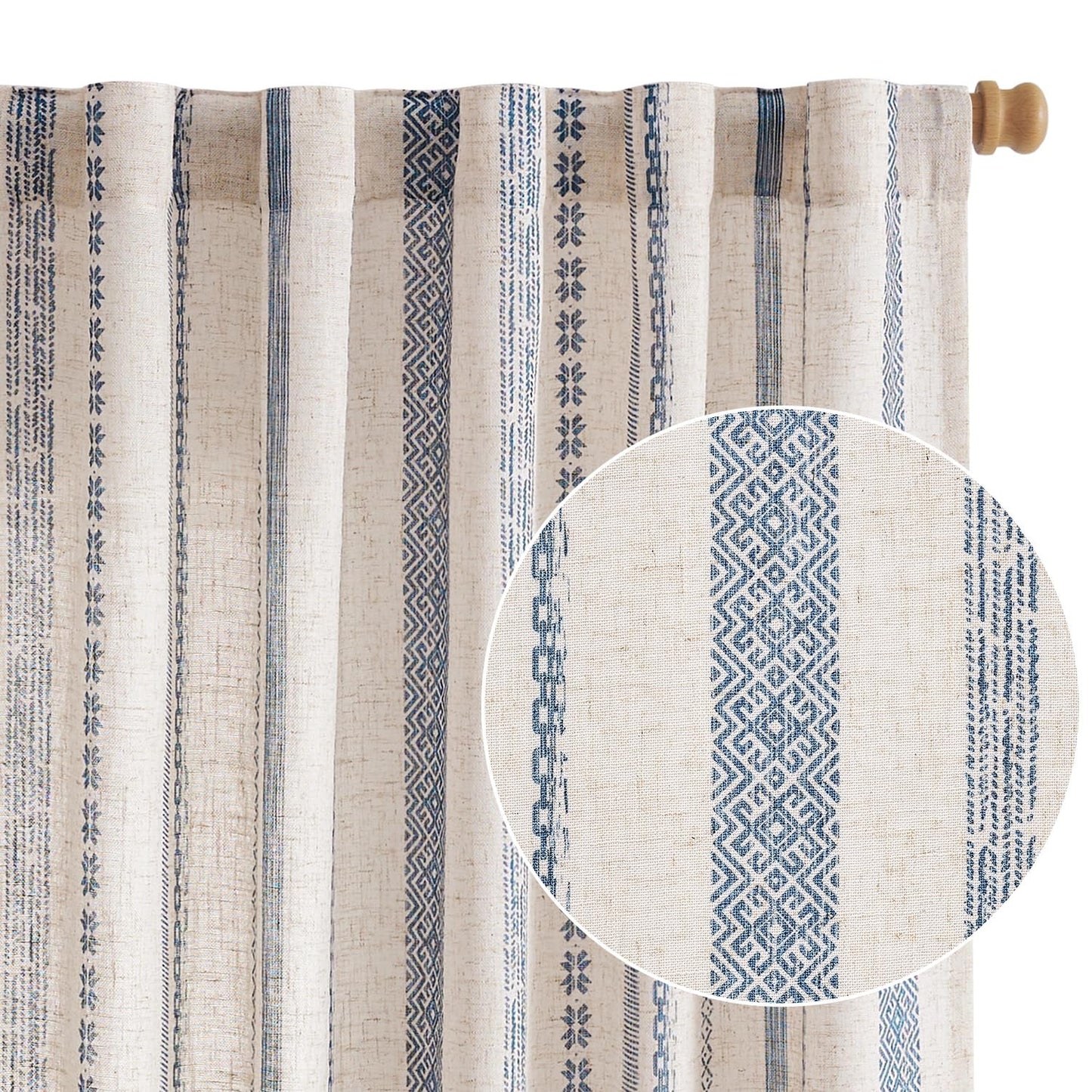 jinchan Linen Blend Boho Curtains for Living Room, 84 Inch Long Blue Printed on Beige Retro Farmhouse Bohemian Geometric Striped Drapes, Light Filtering Back Tab Curtains 2 Panels