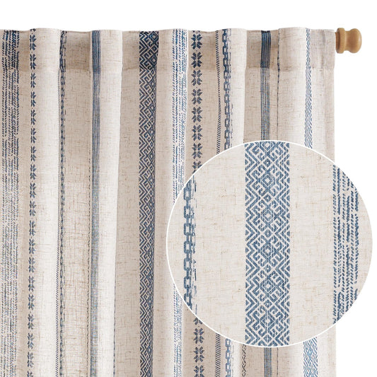 jinchan Linen Blend Boho Curtains for Living Room, 84 Inch Long Blue Printed on Beige Retro Farmhouse Bohemian Geometric Striped Drapes, Light Filtering Back Tab Curtains 2 Panels