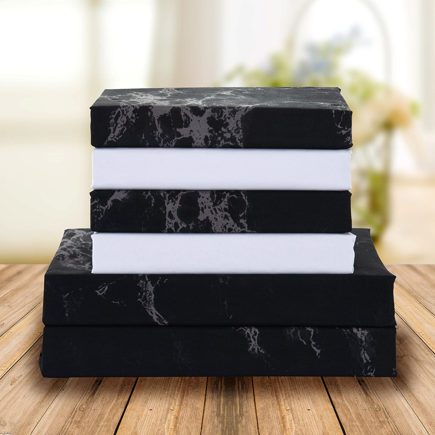 Elegant Comfort Eloise Marble Printed 6-Piece Sheet Set, 1500 Premium Hotel Quality Microfiber, Soft, Wrinkle and Fade Resistant, Fitted Sheets with Smart Pockets, Marble Sheet Set, Queen, Black