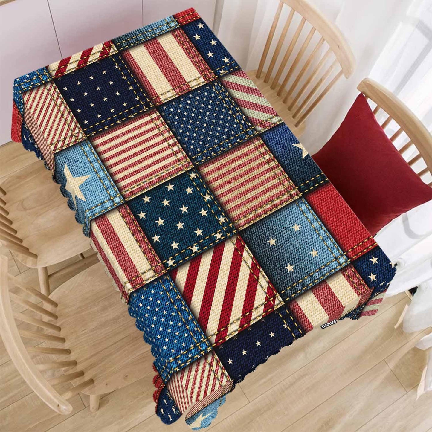 Beabes American Flag Tablecloth for Rectangle Tables Denim Patchwork of American Flag Picnic Table Cover Indoor and Outdoor Table Cloth Camping Tablecloths for Dinner Kitchen 52"X70"