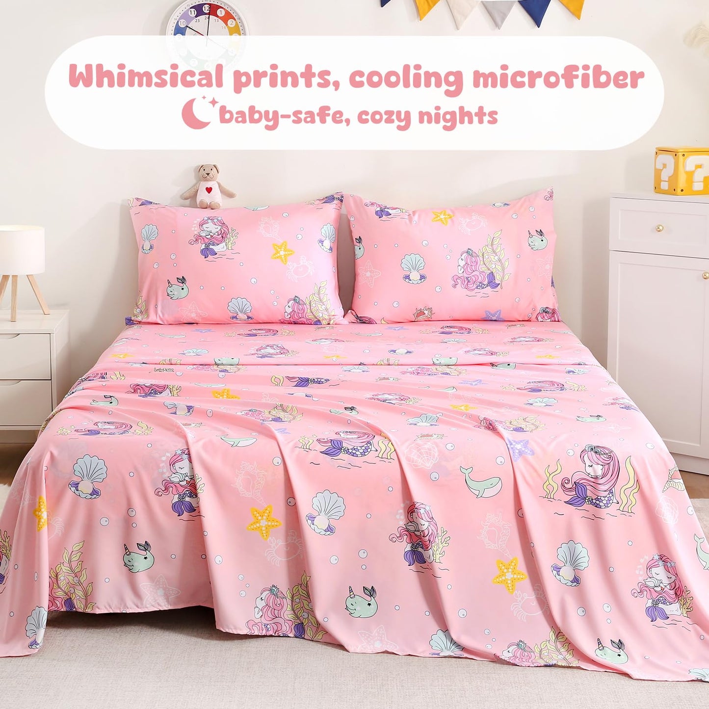 LONAVA Twin Sheet Set Kids - 3 Pieces Soft Microfiber Cartoon Style Bedsheets for Boys Girls Teens, Oeko TEX, Breathable Deep Pocket Sheets, (Mermaid)