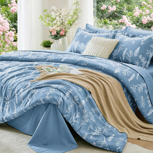 MUXHOMO Ice Blue Bed in a Bag King 7 Pieces, King Comforter Set Reversible Botanical Flowers Design, Ultra Soft & Breathable Bedding Sets with Comforter, Sheets, Pillowcases & Shams