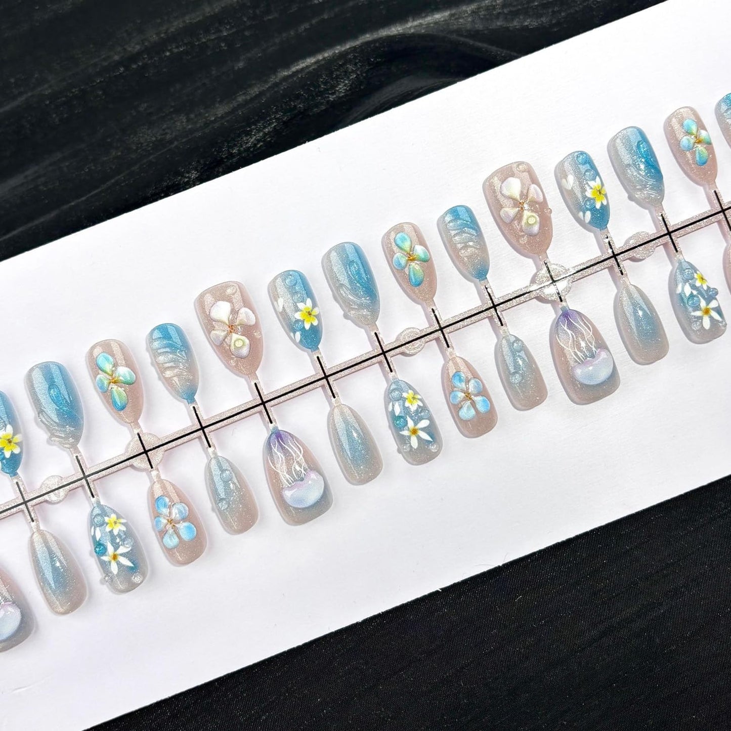 Medium Almond Press on Nails, Shimmer Blue Nude Fake Nails with 3D Jellyfish & Hand-Painted Flower Designs,Gradient Summer Ocean Themed False Nails with Glue Tabs 30Pcs Nail Kit for Women Manicure