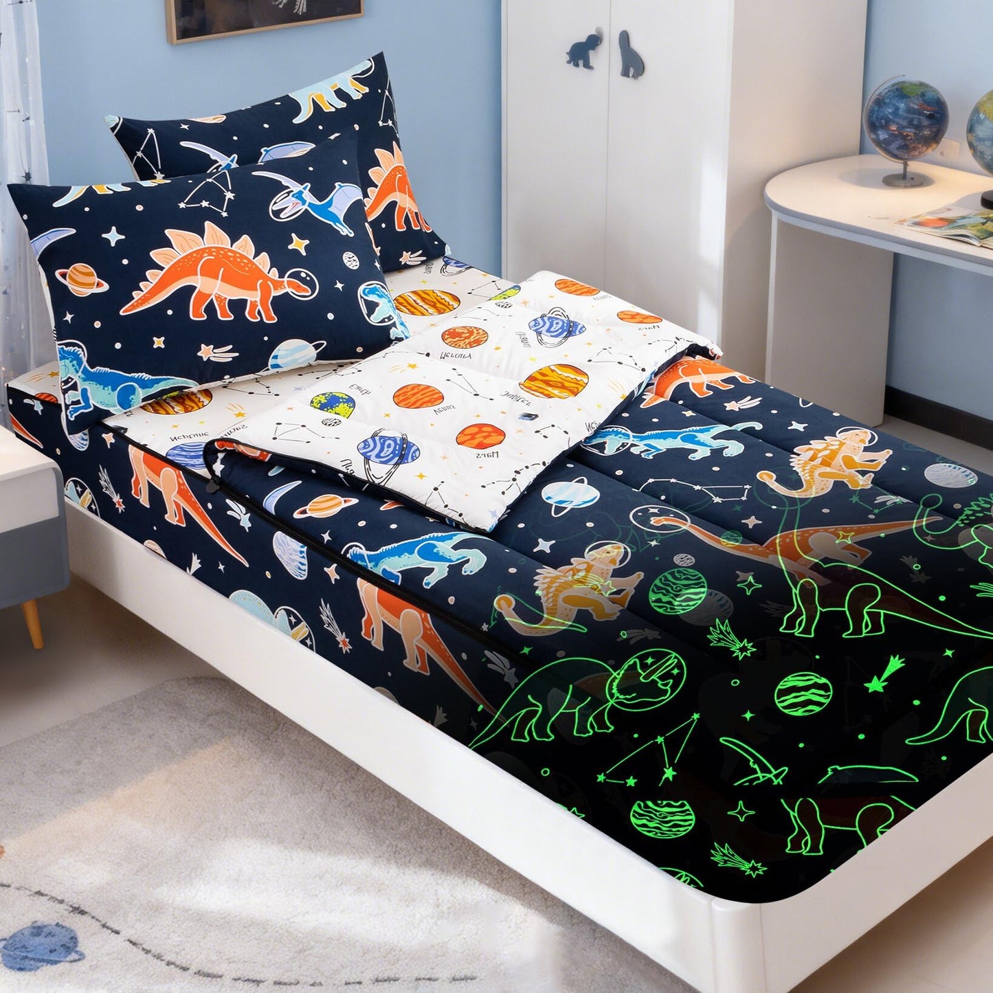 Meeting Story 3pcs Zipper Bedding Twin Kids Space Dinosaur Glow in the Dark Comforter Set for Boys(Navy,Twin)