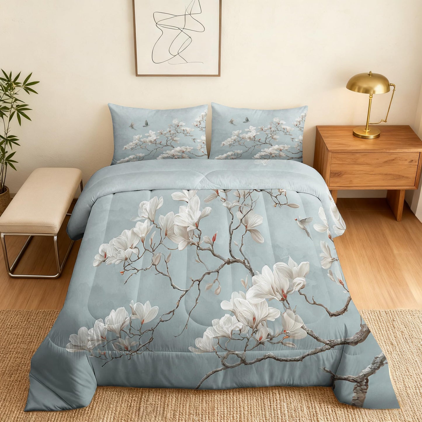 TANCAPRIUM Magnolia Comforter Set Twin - Japanese White Flower Bedding Set & 2 Pilow Cases for All Season - Soft Reversible Down Alternative 3 Piece. Floral Bedrom Decor