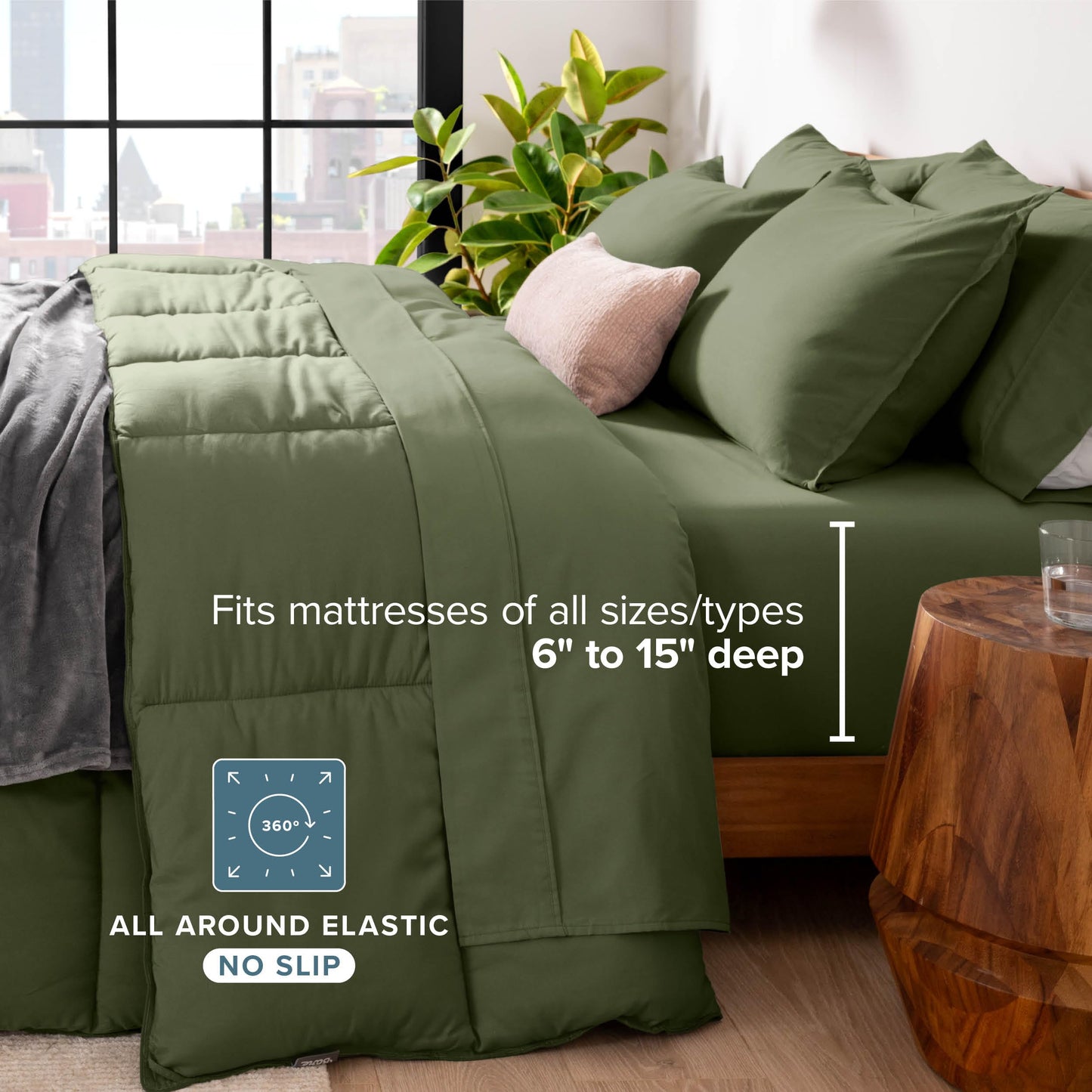 Bare Home Bed-in-A-Bag 7 Piece Comforter & Sheet Set - King - Goose Down Alternative - Ultra-Soft 1800 Premium - Bed Set (King, Cypress/Cypress)