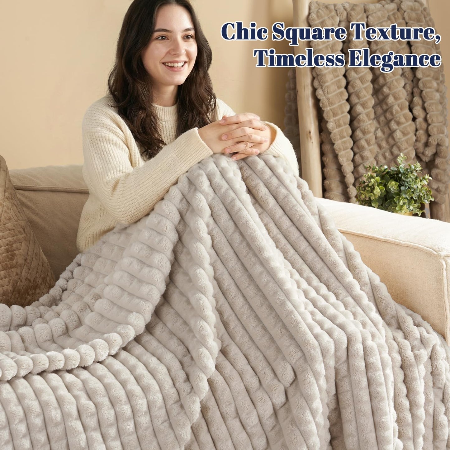 PHF Luxury Soft Fleece Blanket Queen Size, No Shed No Pilling, 380GSM Fluffy Cozy Throw Blankets for Bed, 90"x90", Lightweight Warm Bedding for Home Decor, Ideal Gift for Women, Oak