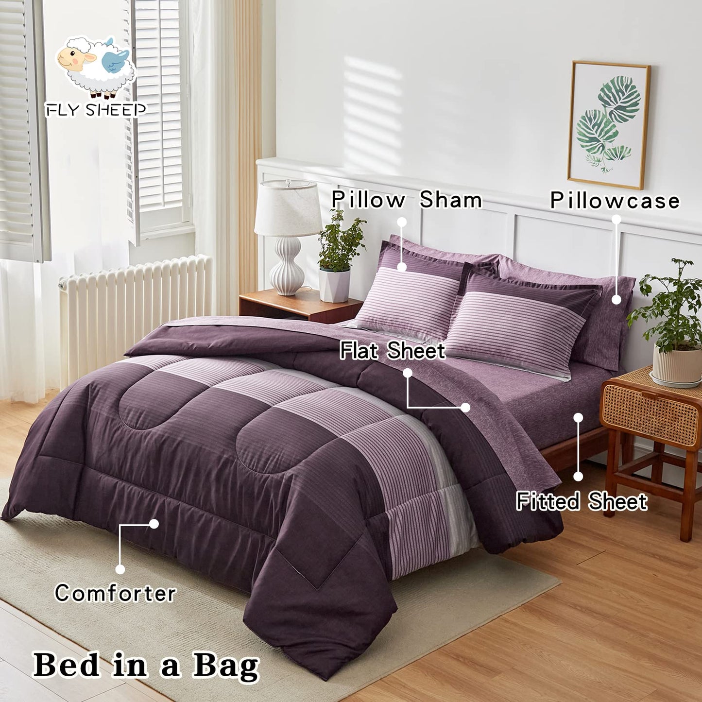 Flysheep Ombre Striped Bed in a Bag 7 Pieces Queen Size, Purple and Grey Stripes Comforter Sheet Set (1 Comforter, 1 Flat Sheet, 1 Fitted Sheet, 2 Pillow Shams, 2 Pillowcases)
