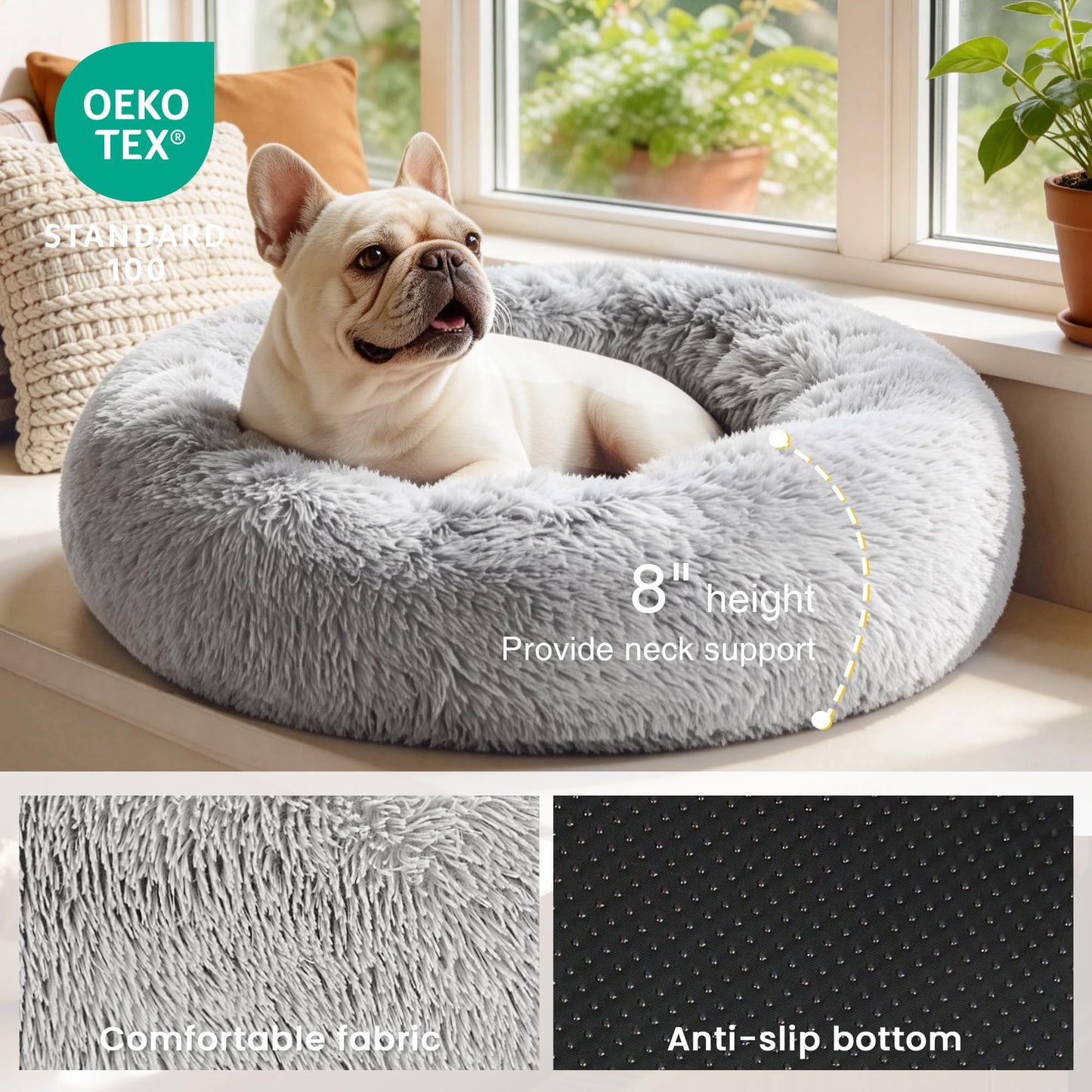 Love's cabin Calming Cat Bed for Indoor Cats, Anti-Anxiety Donut Round Dog Bed, Fluffy Faux Fur Washable Pet Bed for Small Medium Dogs and Cats, Grey, 20in