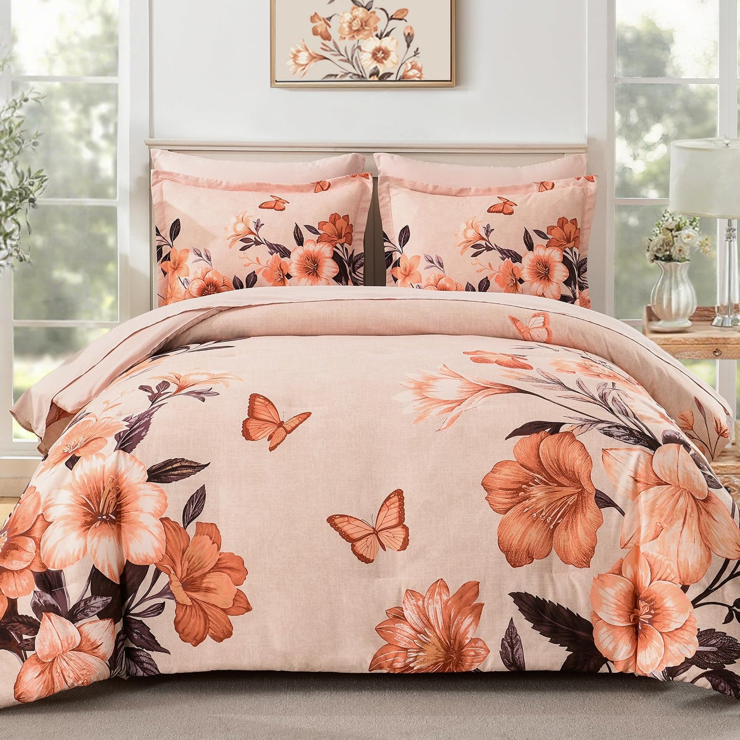 DHSFKBE Floral Comforter Set Queen Size,7 Piece Orange Bed in a Bag, Elegant Flower Pattern Comforter Set with Sheet, Soft Microfiber Complete Bedding Sets for All Season