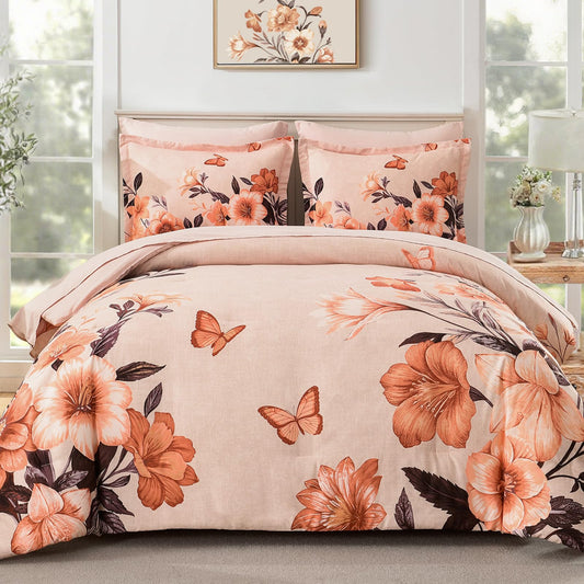 DHSFKBE Floral Comforter Set Queen Size,7 Piece Orange Bed in a Bag, Elegant Flower Pattern Comforter Set with Sheet, Soft Microfiber Complete Bedding Sets for All Season