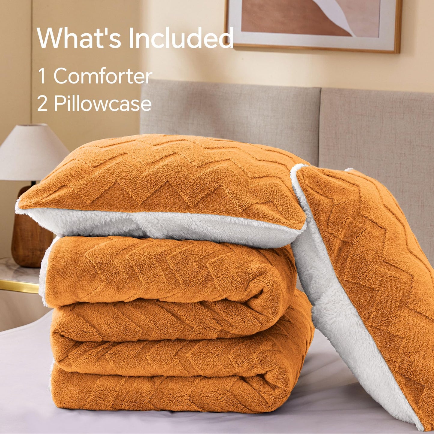 BEDELITE Fluffy Queen Comforter Set - Super Soft Sherpa Burnt Orange Comforter for Queen Size Bed, Luxury Warm Bedding Set for Winter, Fuzzy Bed Set 3 Pieces (1 Comforter, 2 Pillowcases)